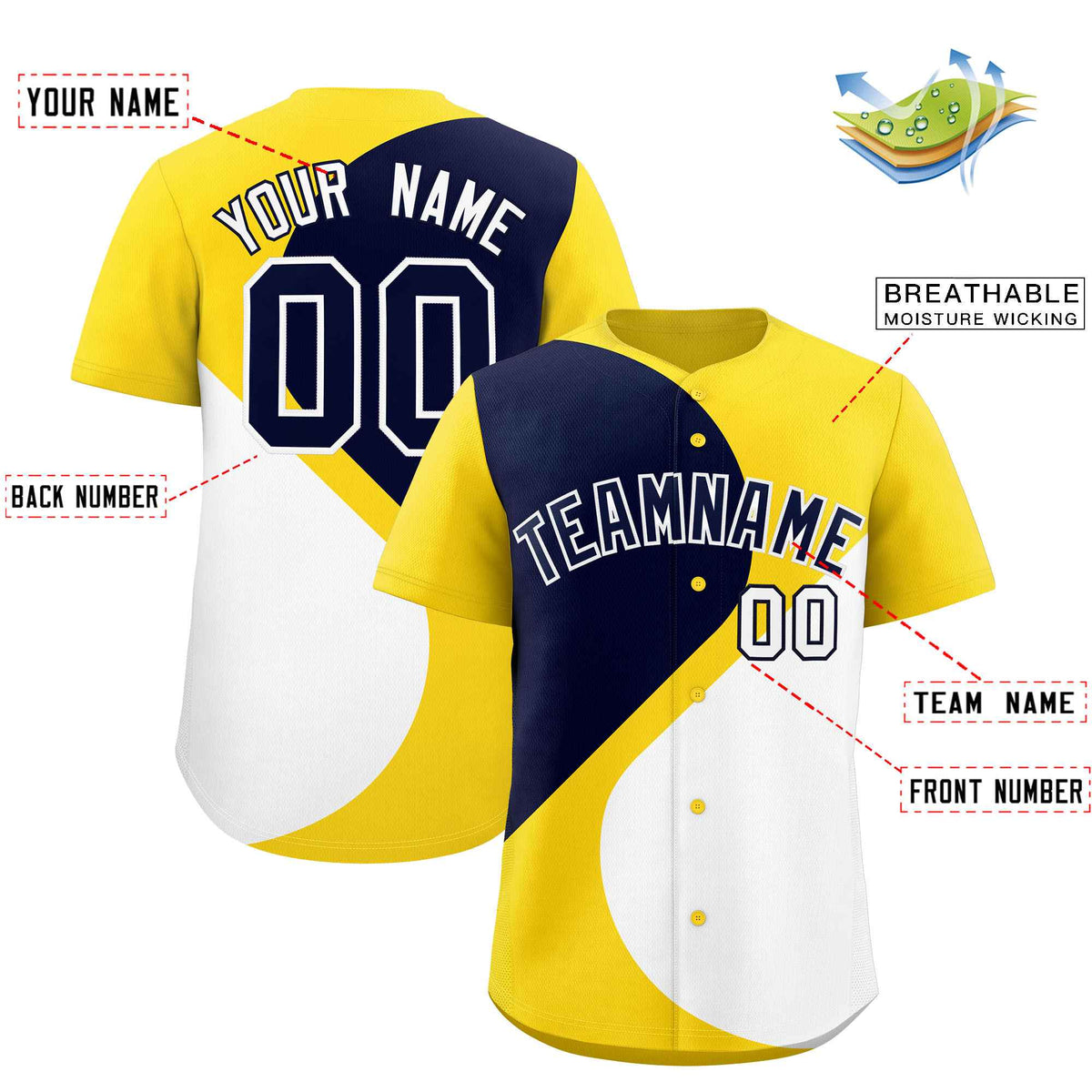 Custom Gold Navy-White Color Block Personalized Half Heart Pattern Authentic Baseball Jersey