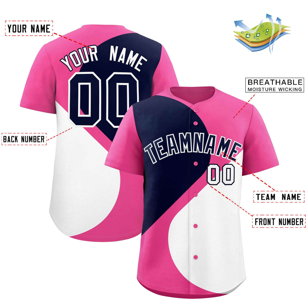 Custom Pink Navy-White Color Block Personalized Half Heart Pattern Authentic Baseball Jersey