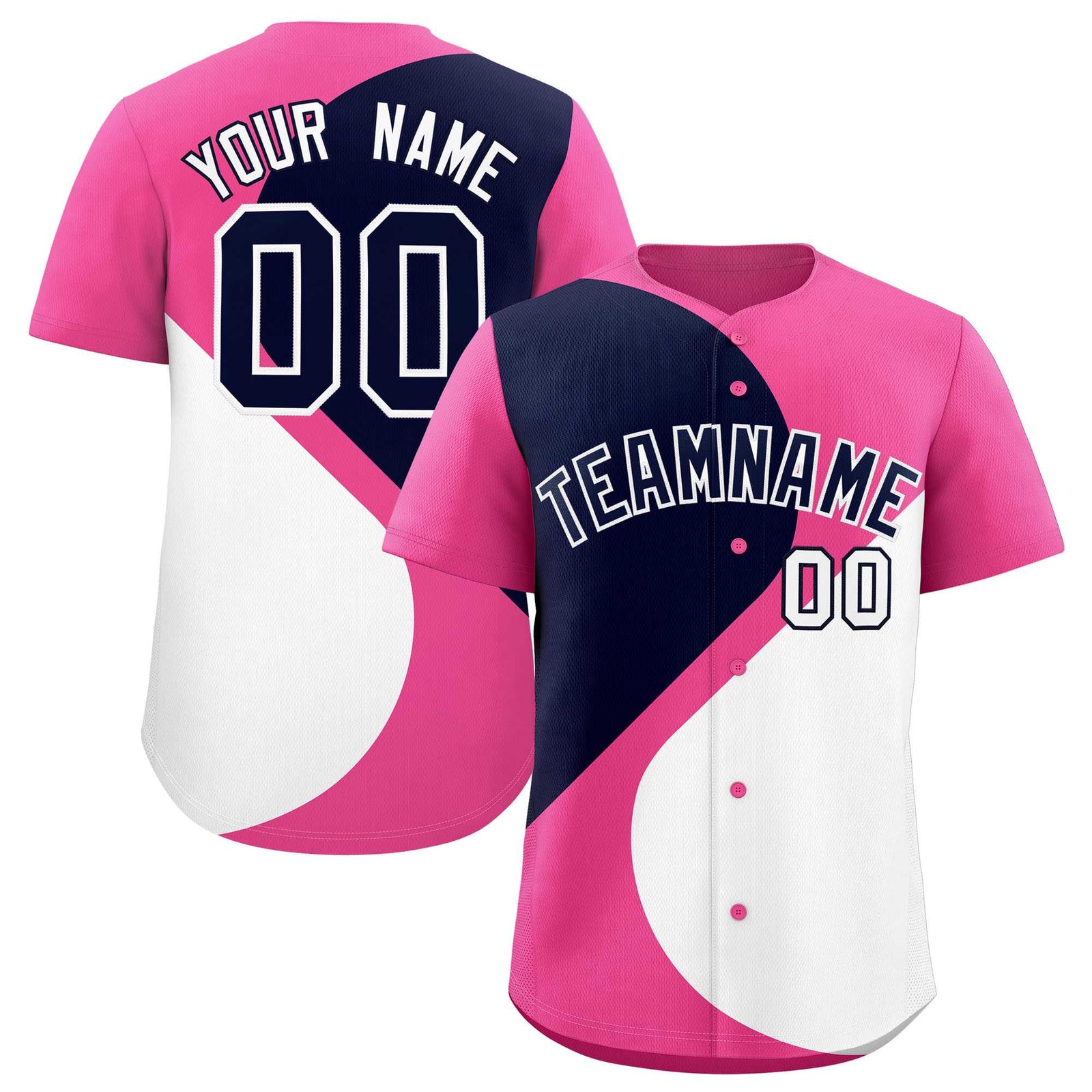 Custom Pink Navy-White Color Block Personalized Half Heart Pattern Authentic Baseball Jersey