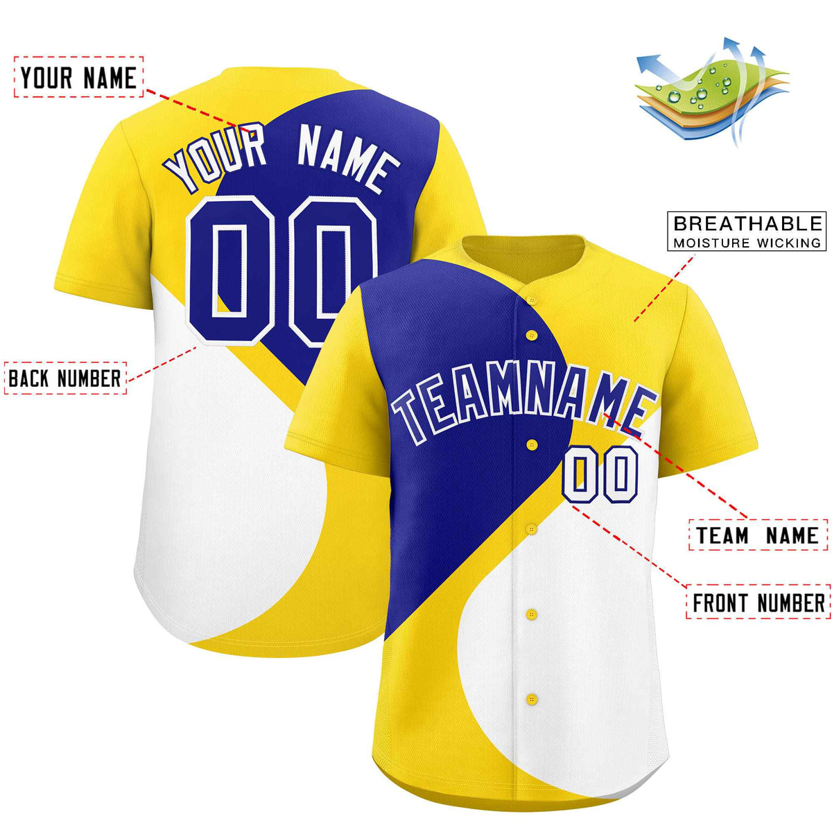 Custom Gold Royal-White Color Block Personalized Half Heart Pattern Authentic Baseball Jersey
