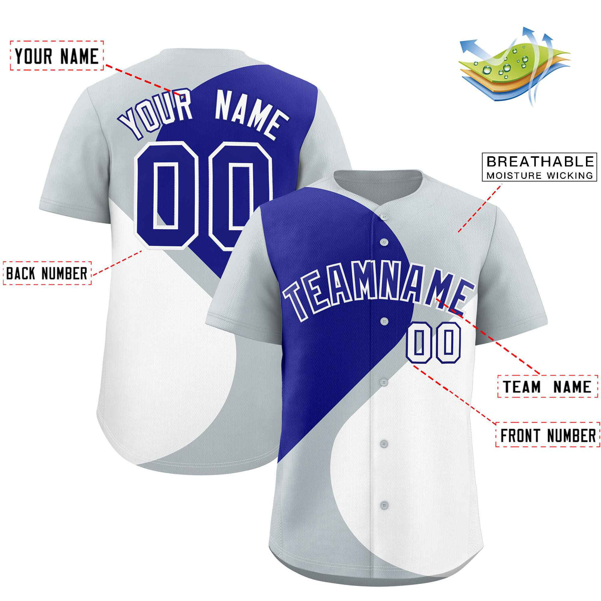 Custom Silver Royal-White Color Block Personalized Half Heart Pattern Authentic Baseball Jersey