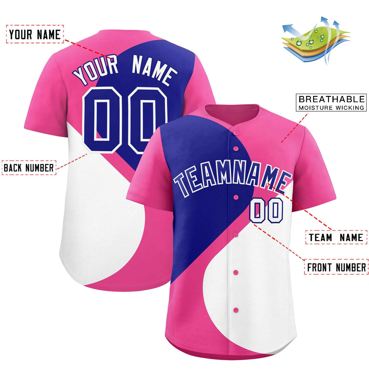 Custom Pink Royal-White Color Block Personalized Half Heart Pattern Authentic Baseball Jersey