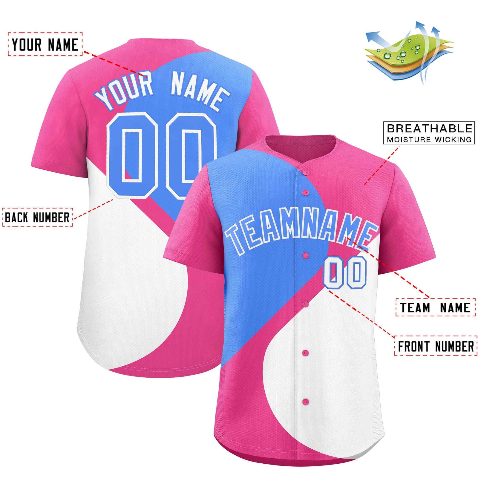 Custom Pink Powder Blue-White Color Block Personalized Half Heart Pattern Authentic Baseball Jersey