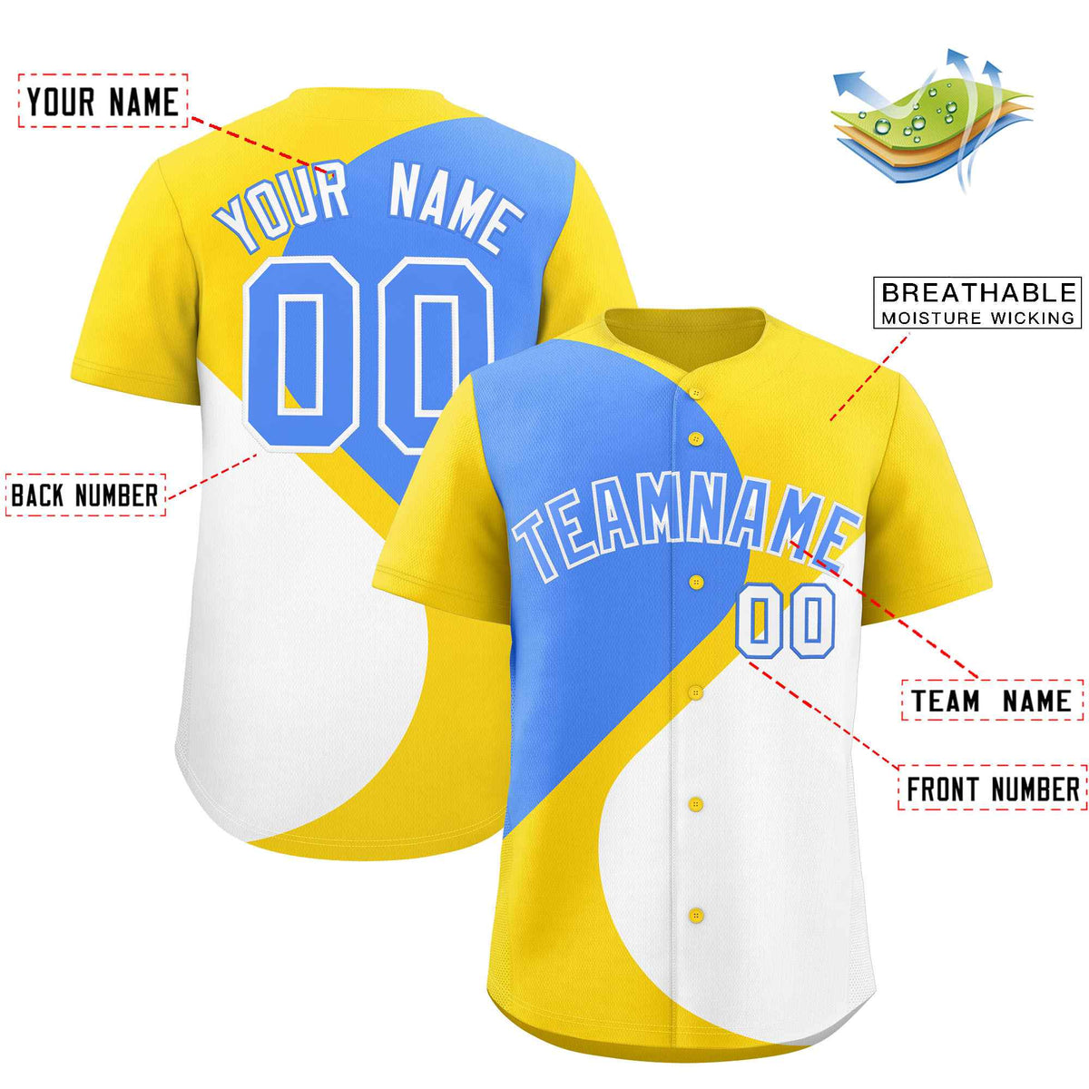 Custom Gold Powder Blue-White Color Block Personalized Half Heart Pattern Authentic Baseball Jersey