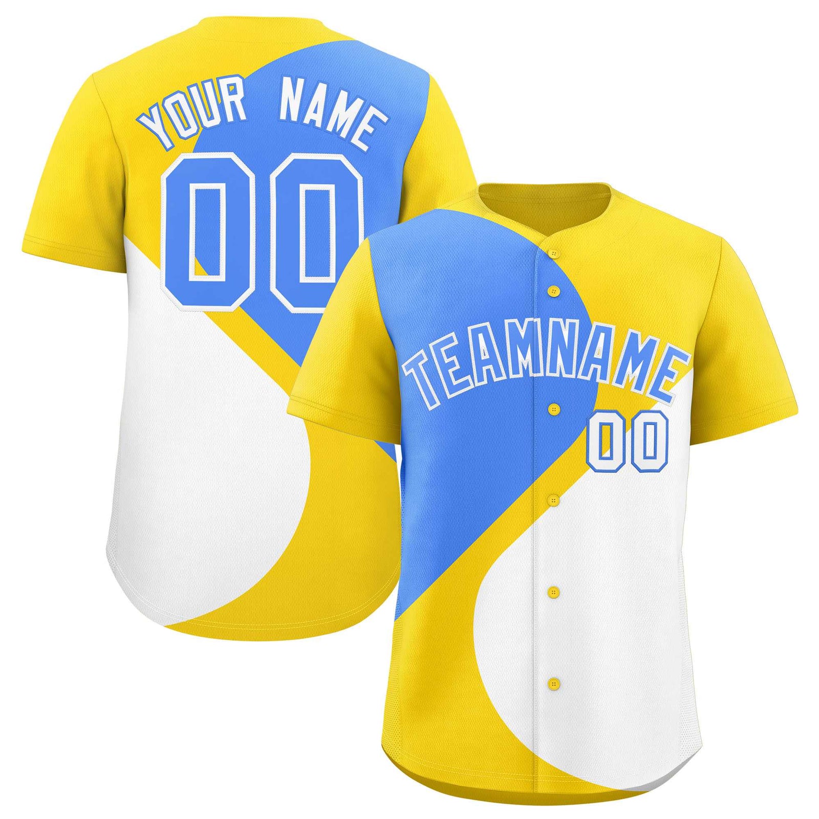 Custom Gold Powder Blue-White Color Block Personalized Half Heart Pattern Authentic Baseball Jersey