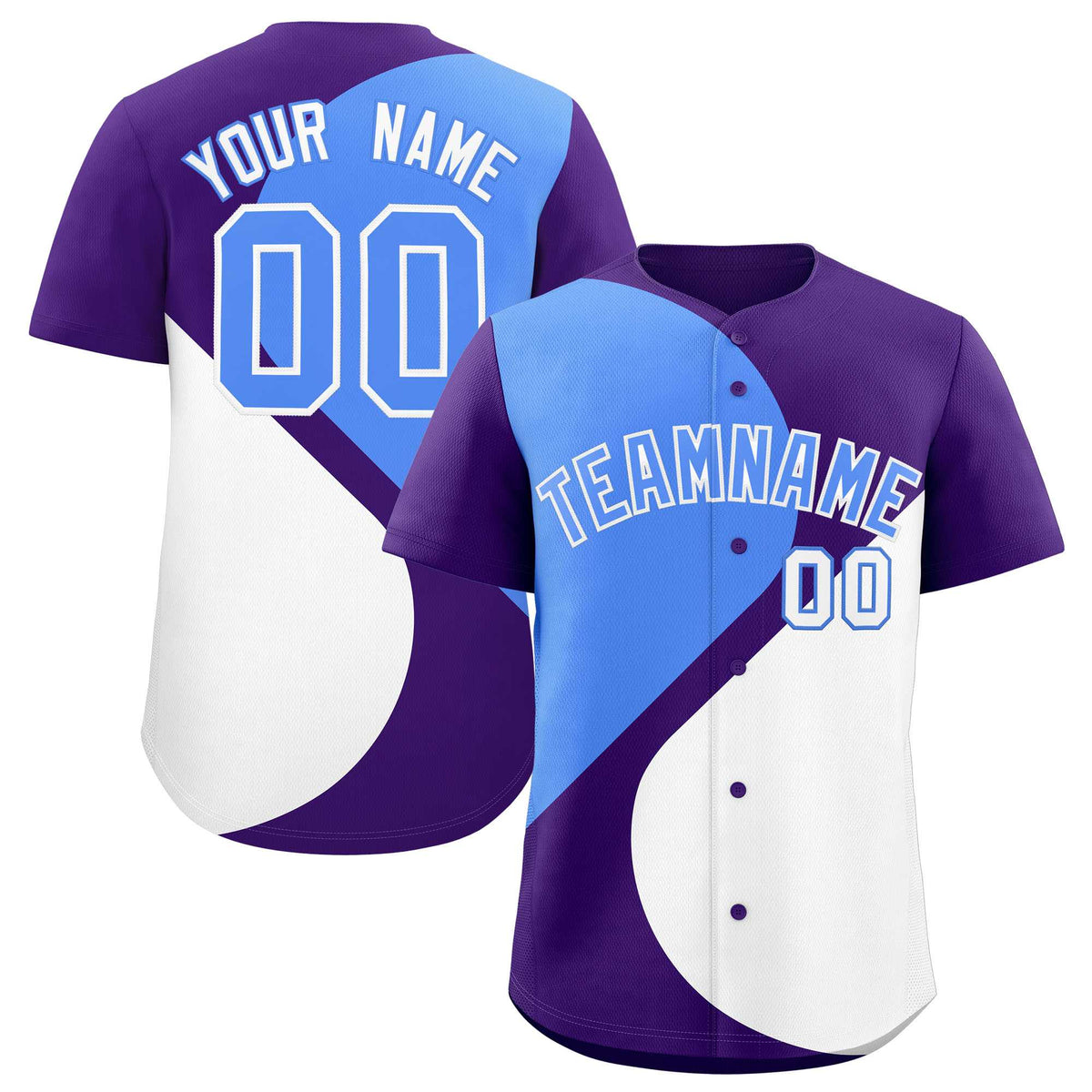Custom Purple Powder Blue-White Color Block Personalized Half Heart Pattern Authentic Baseball Jersey
