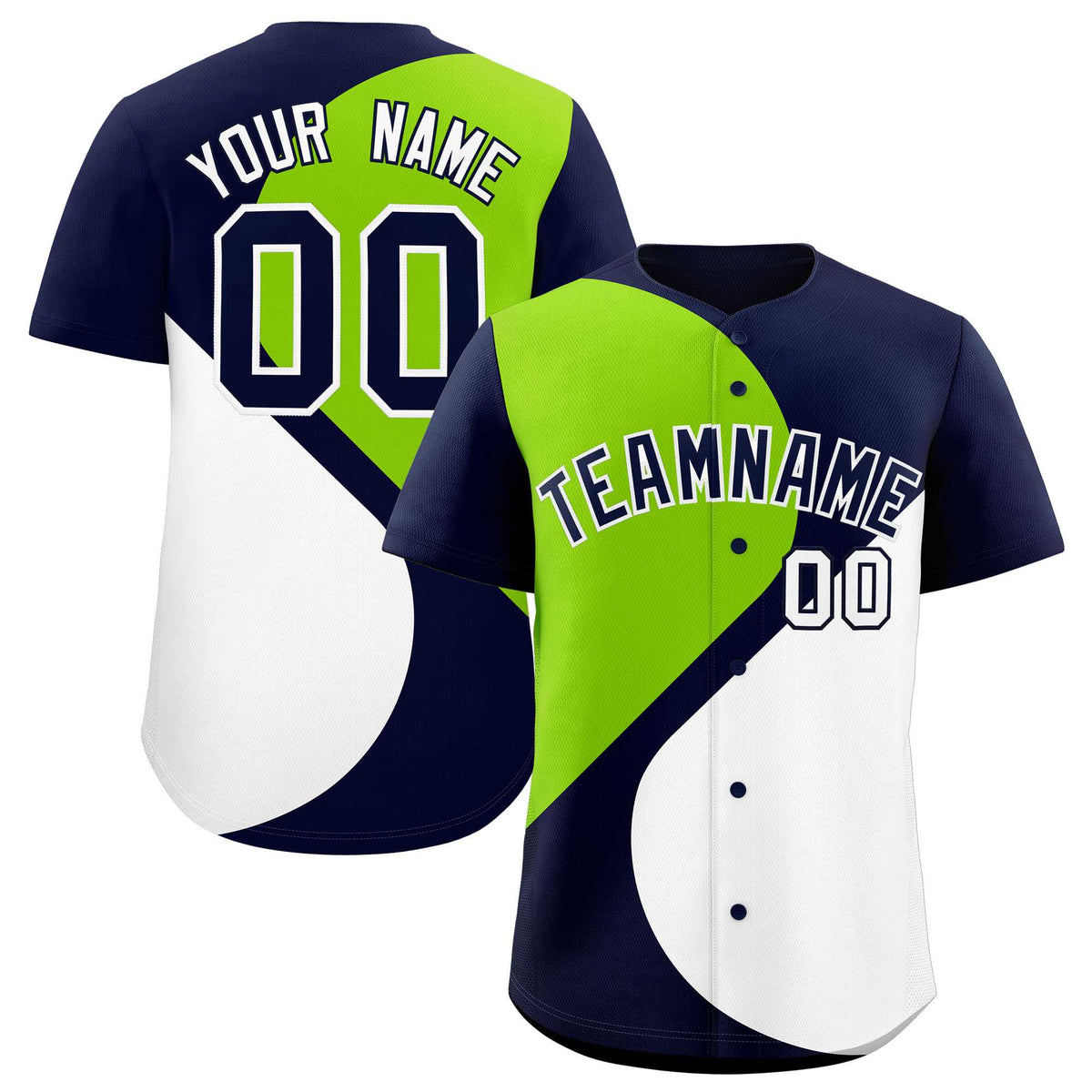 Custom Navy Neon Green-White Color Block Personalized Half Heart Pattern Authentic Baseball Jersey