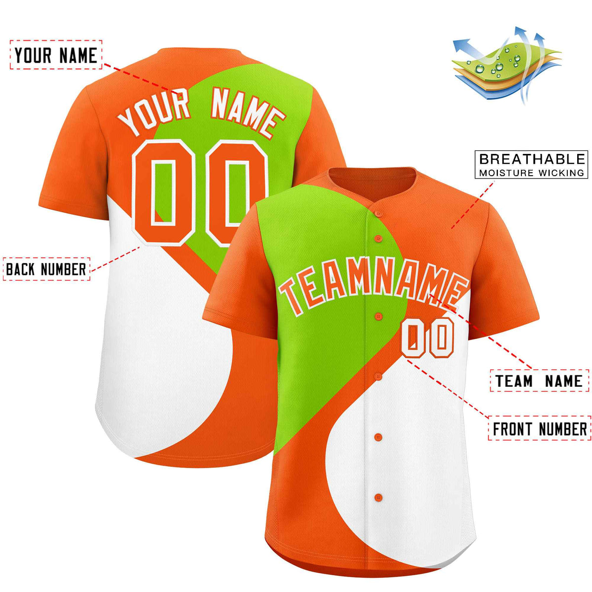 Custom Orange Neon Green-White Color Block Personalized Half Heart Pattern Authentic Baseball Jersey