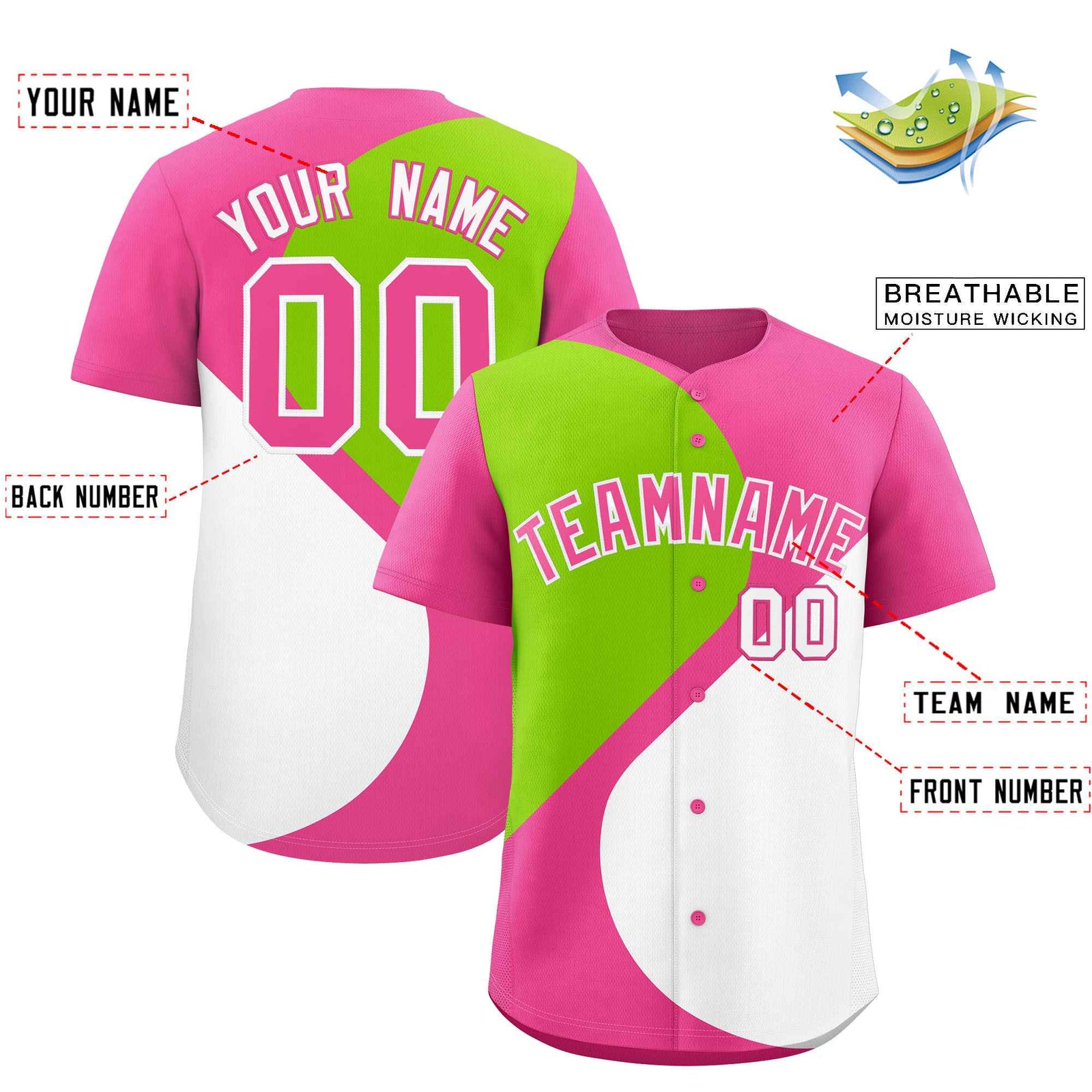 Custom Pink Neon Green-White Color Block Personalized Half Heart Pattern Authentic Baseball Jersey