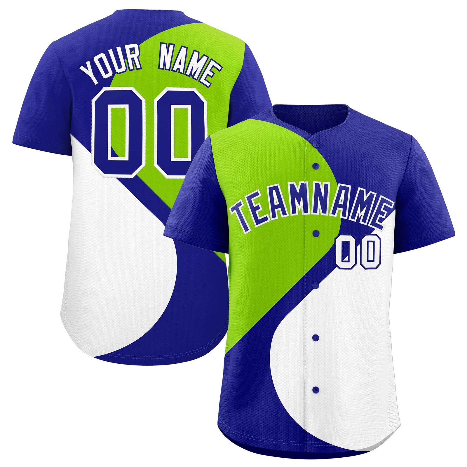 Custom Royal Neon Green-White Color Block Personalized Half Heart Pattern Authentic Baseball Jersey