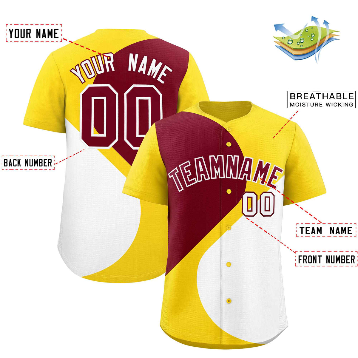 Custom Gold Crimson-White Color Block Personalized Half Heart Pattern Authentic Baseball Jersey