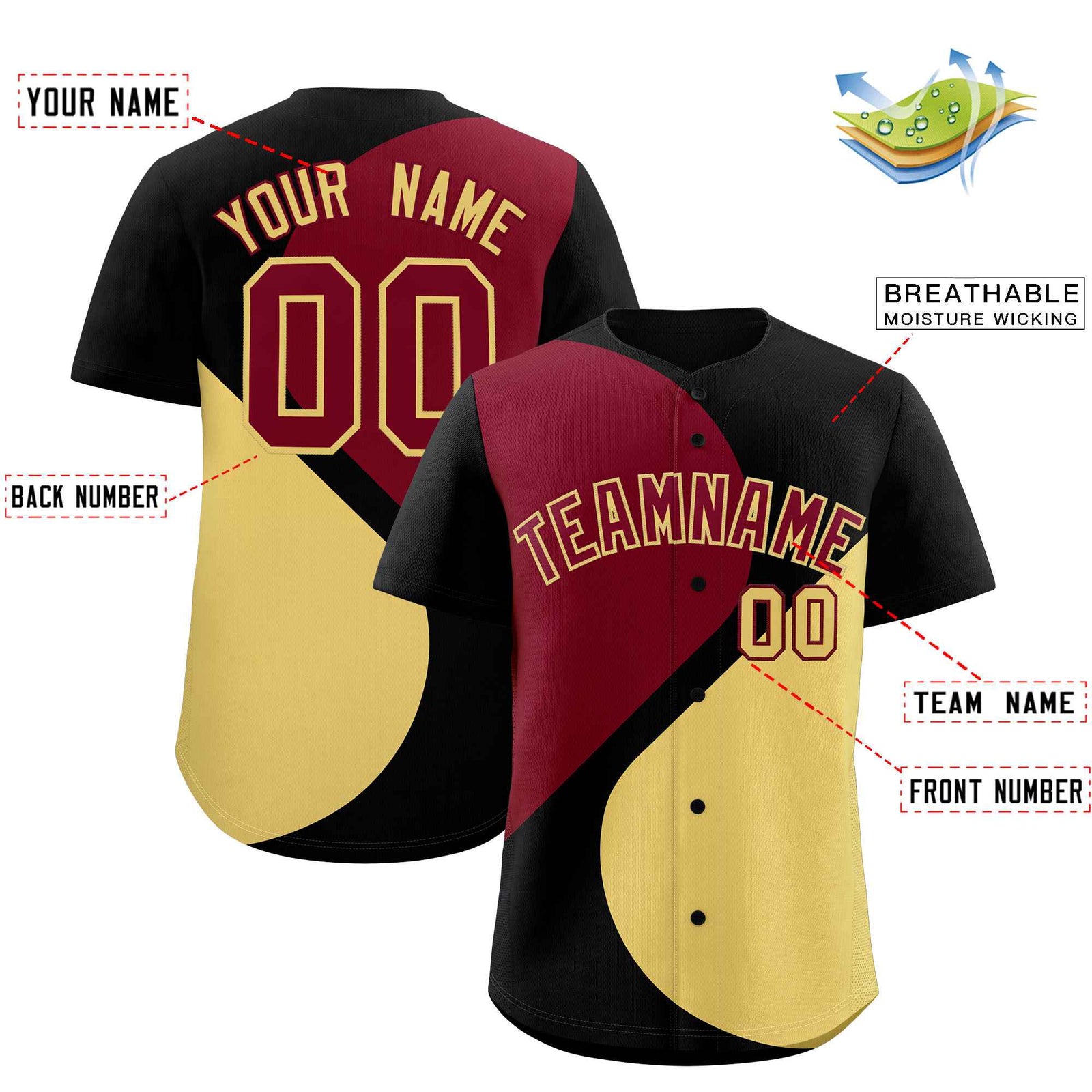 Custom Black Crimson-Khaki Color Block Personalized Half Heart Pattern Authentic Baseball Jersey