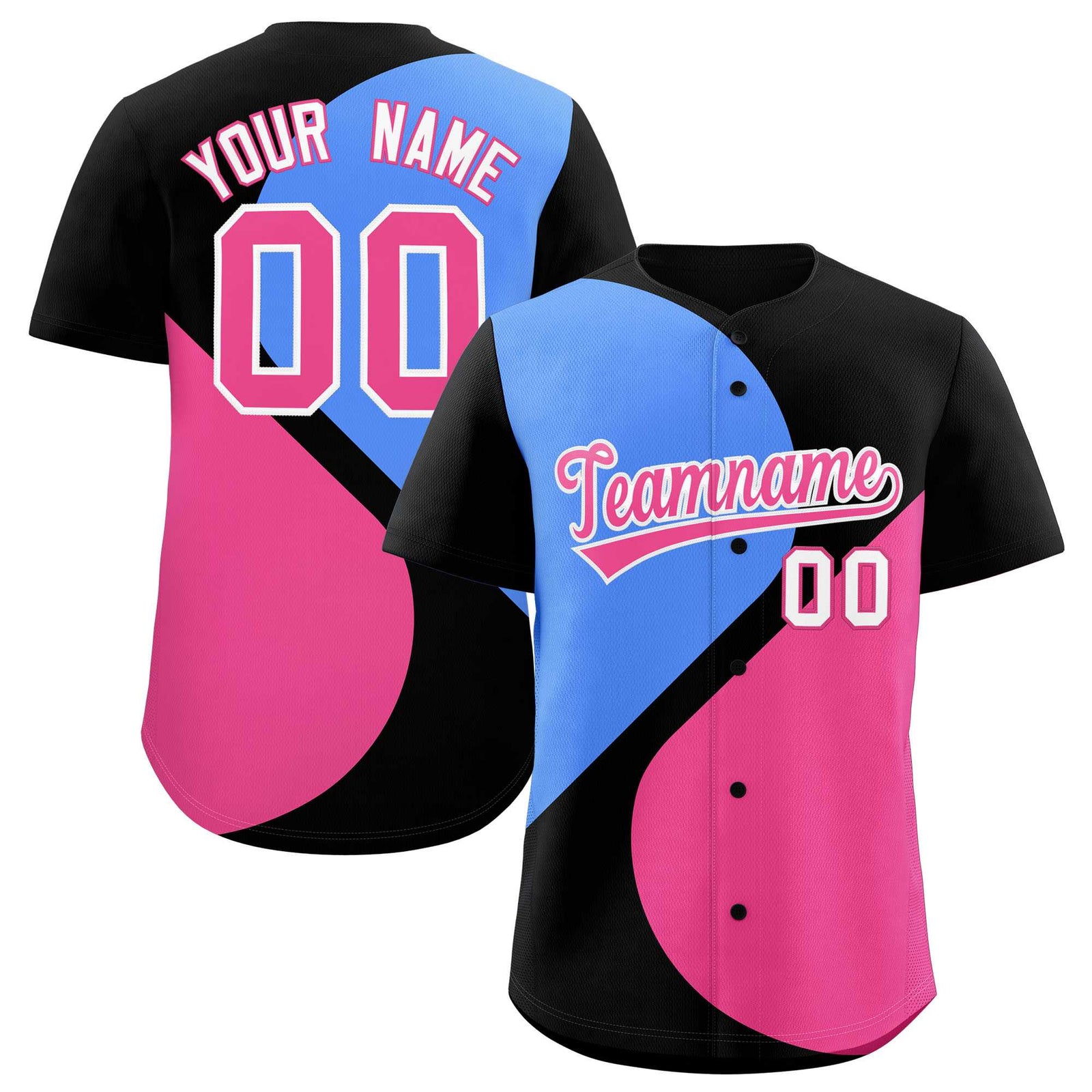 Custom Black Powder Blue-Pink Color Block Personalized Half Heart Pattern Authentic Baseball Jersey