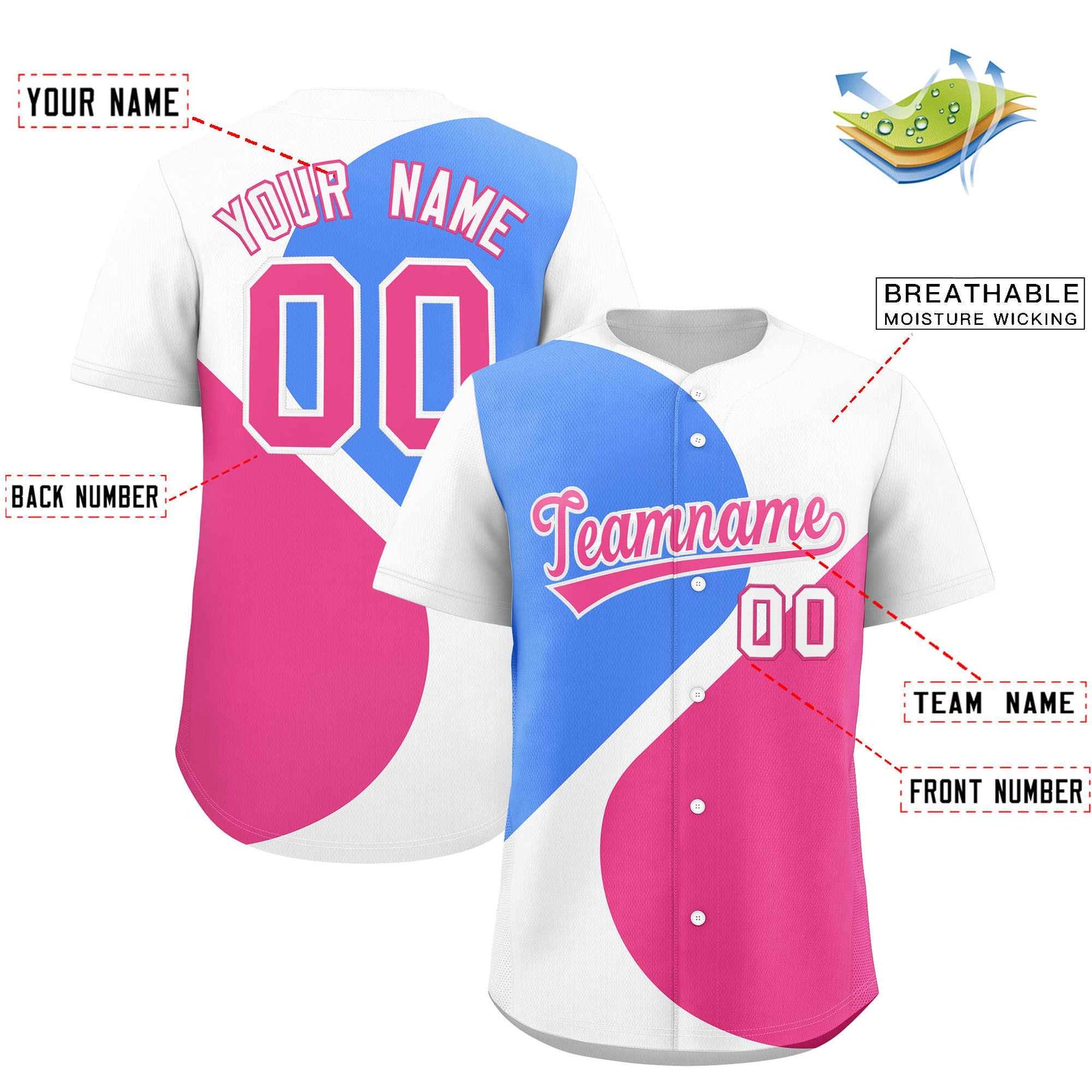Custom White Powder Blue-Pink Color Block Personalized Half Heart Pattern Authentic Baseball Jersey