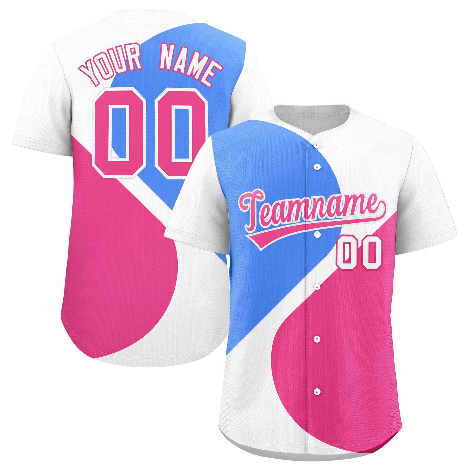 Custom White Powder Blue-Pink Color Block Personalized Half Heart Pattern Authentic Baseball Jersey