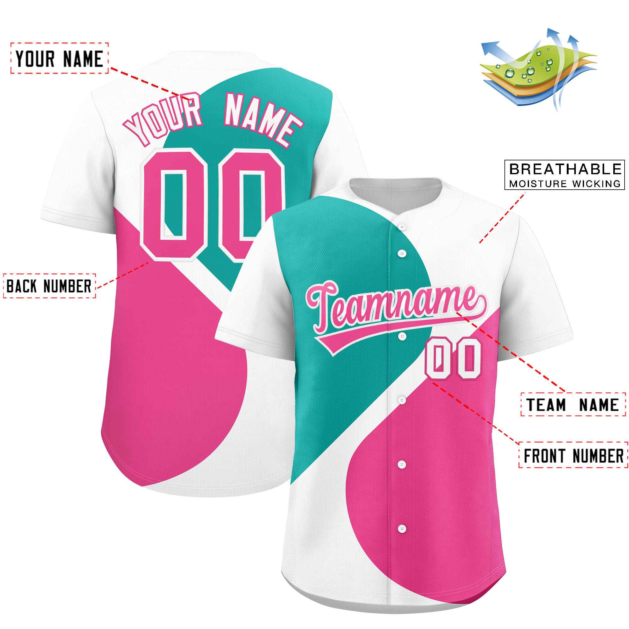 Custom White Aqua-Pink Color Block Personalized Half Heart Pattern Authentic Baseball Jersey