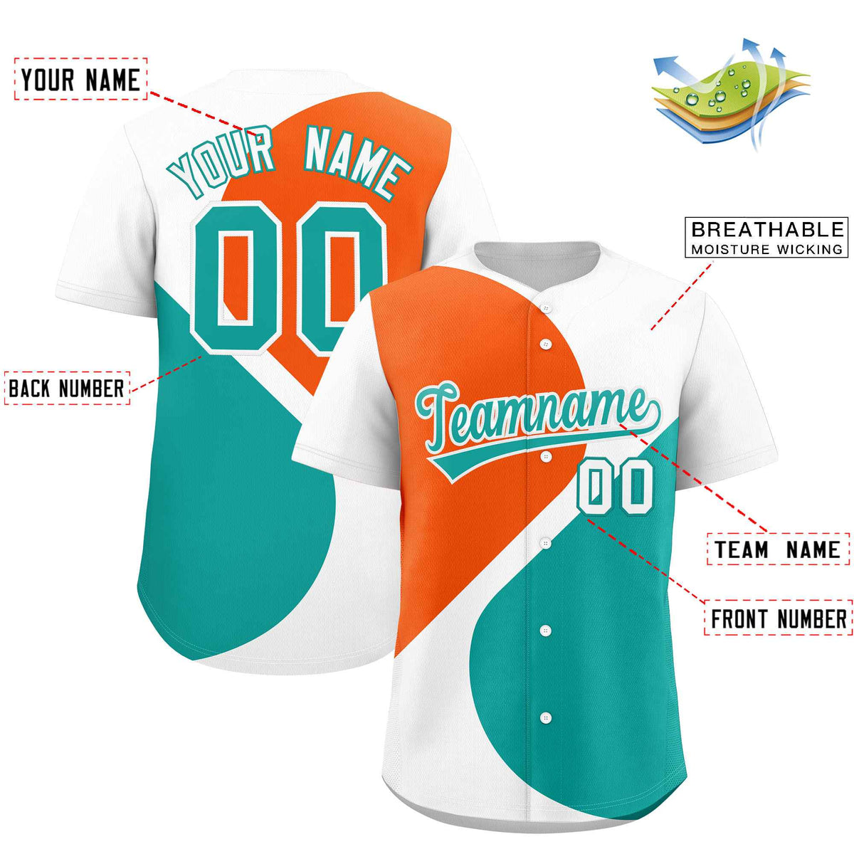 Custom White Orange-Aqua Color Block Personalized Half Heart Pattern Authentic Baseball Jersey
