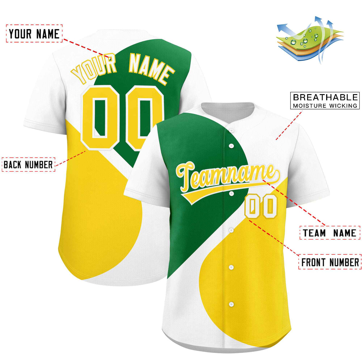 Custom White Kelly Green-Gold Color Block Personalized Half Heart Pattern Authentic Baseball Jersey