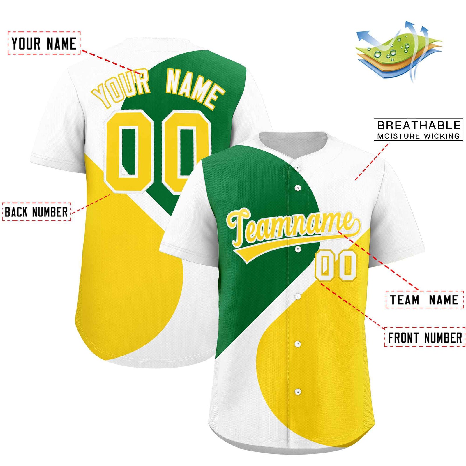 Custom White Kelly Green-Gold Color Block Personalized Half Heart Pattern Authentic Baseball Jersey