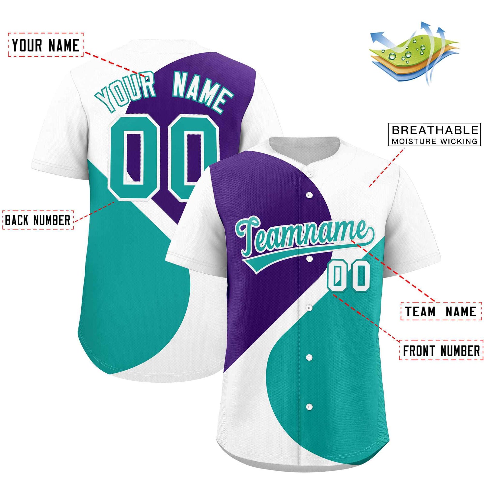 Custom White Purple-Aqua Color Block Personalized Half Heart Pattern Authentic Baseball Jersey