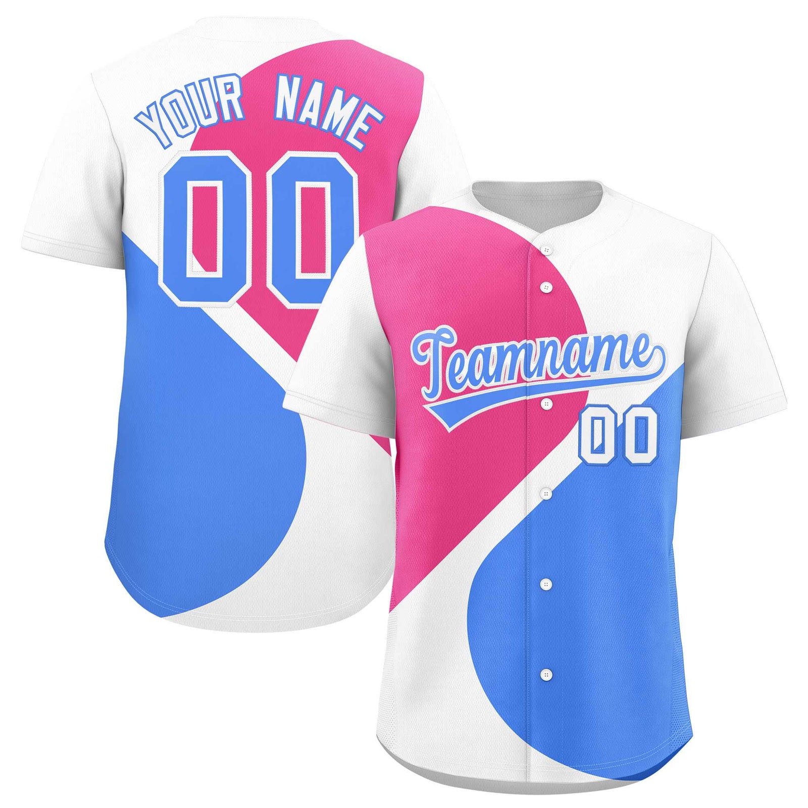 Custom White Pink-Powder Blue Color Block Personalized Half Heart Pattern Authentic Baseball Jersey
