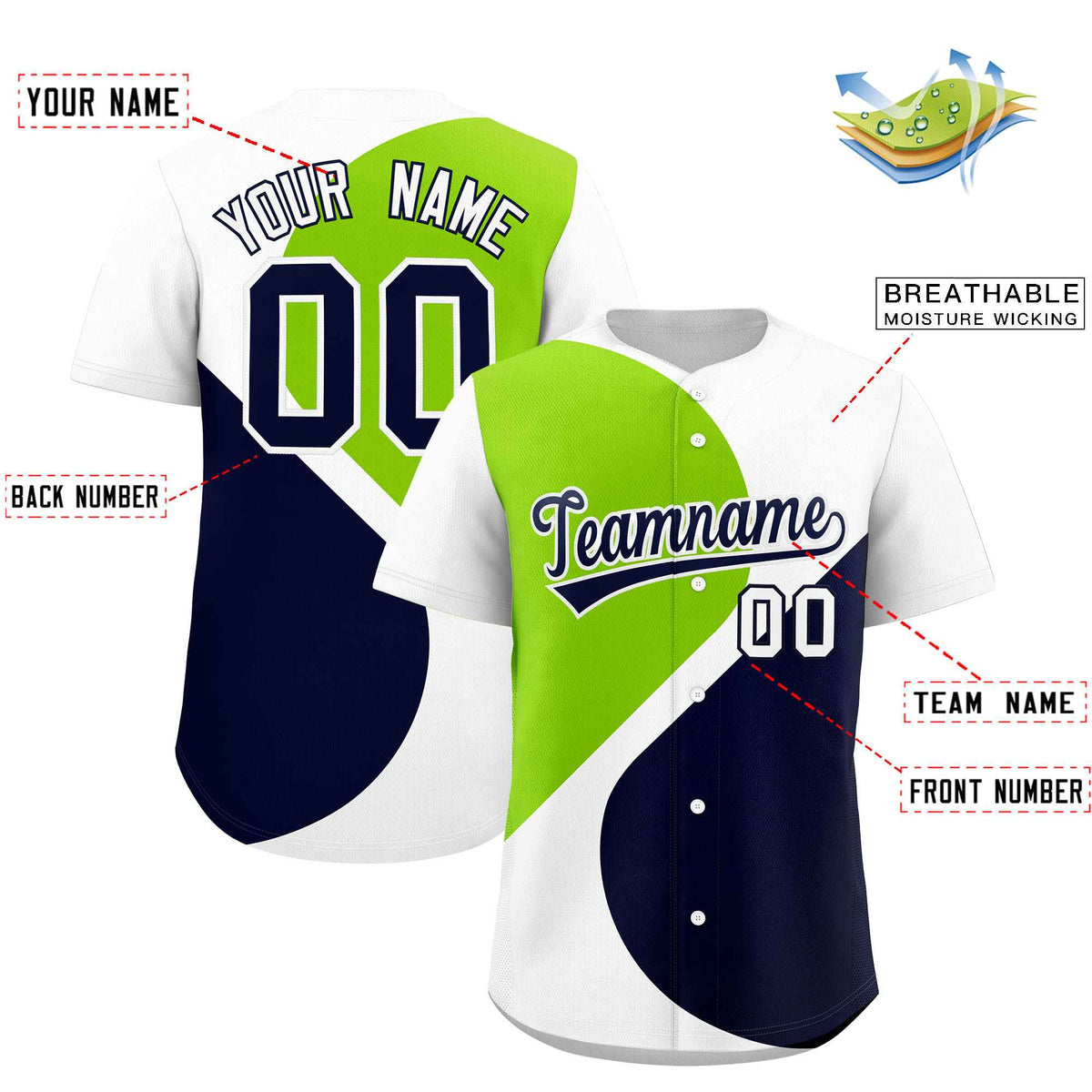Custom White Neon Green-Navy Color Block Personalized Half Heart Pattern Authentic Baseball Jersey