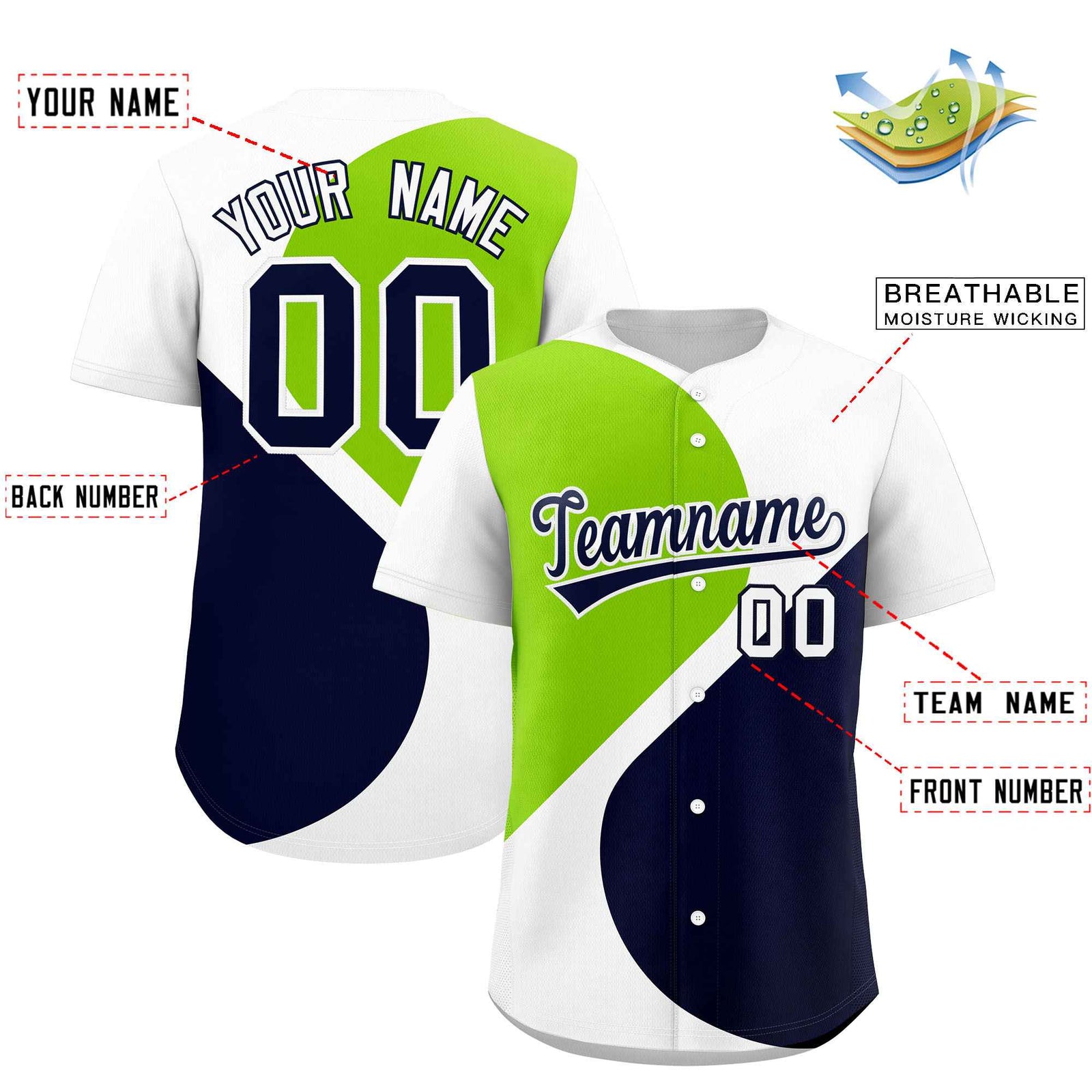 Custom White Neon Green-Navy Color Block Personalized Half Heart Pattern Authentic Baseball Jersey