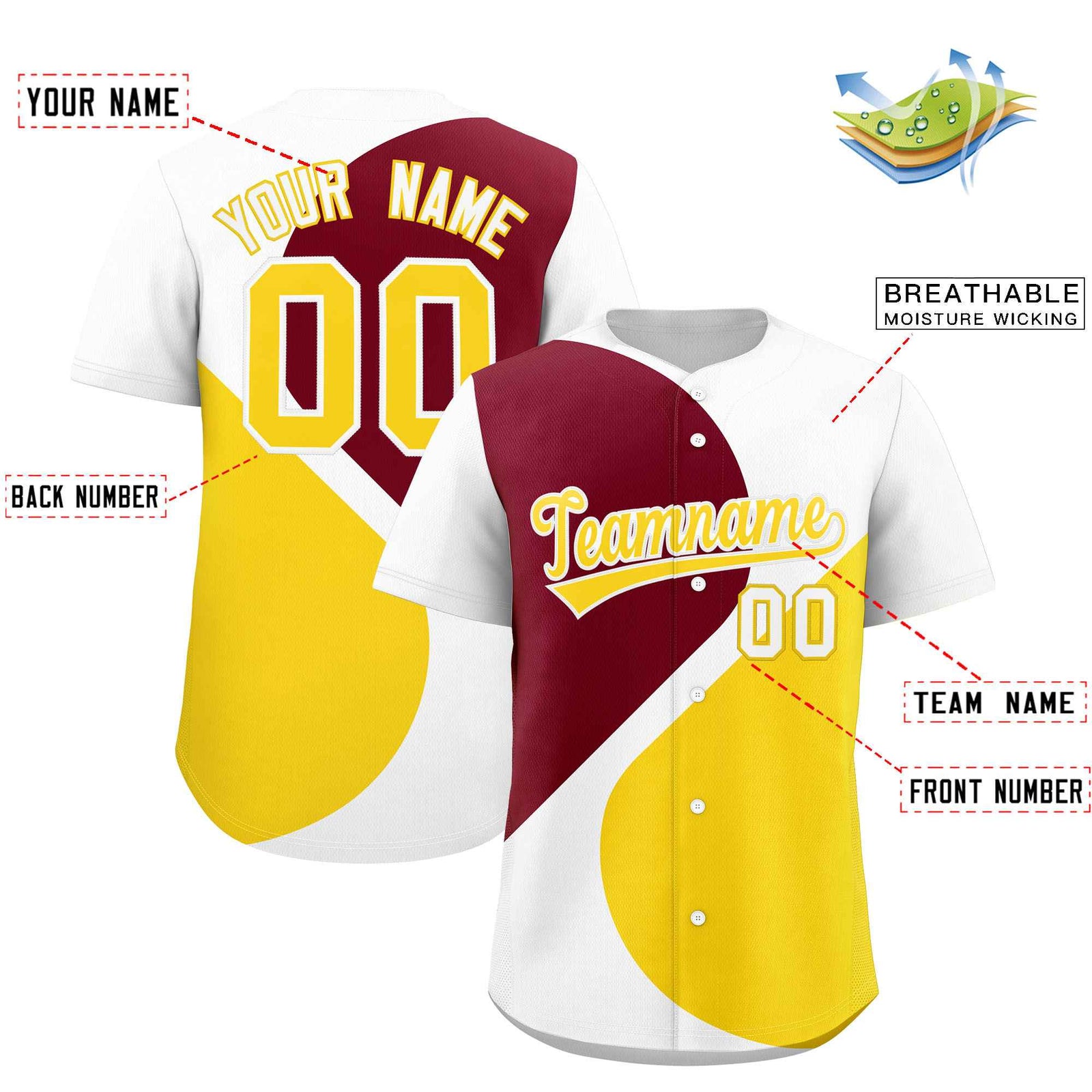 Custom White Crimson-Gold Color Block Personalized Half Heart Pattern Authentic Baseball Jersey