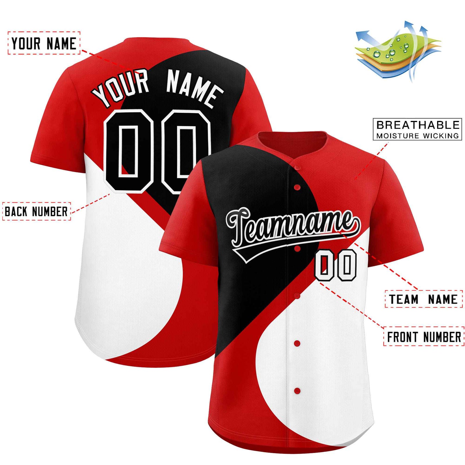 Custom Red Black-White Color Block Personalized Half Heart Pattern Authentic Baseball Jersey