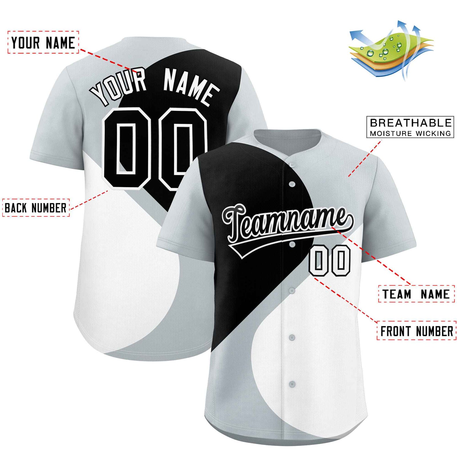 Custom Silver Black-White Color Block Personalized Half Heart Pattern Authentic Baseball Jersey