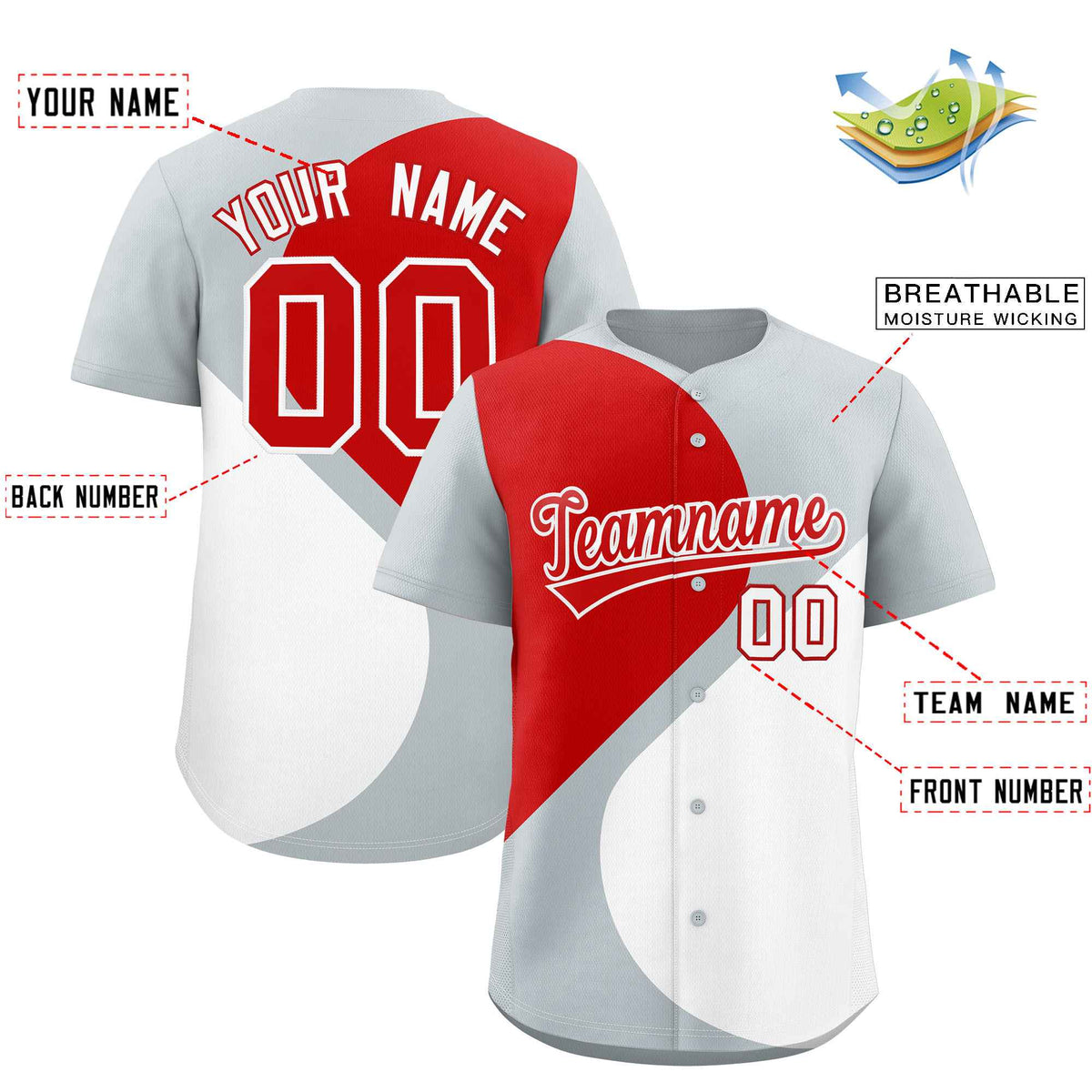 Custom Silver Red-White Color Block Personalized Half Heart Pattern Authentic Baseball Jersey