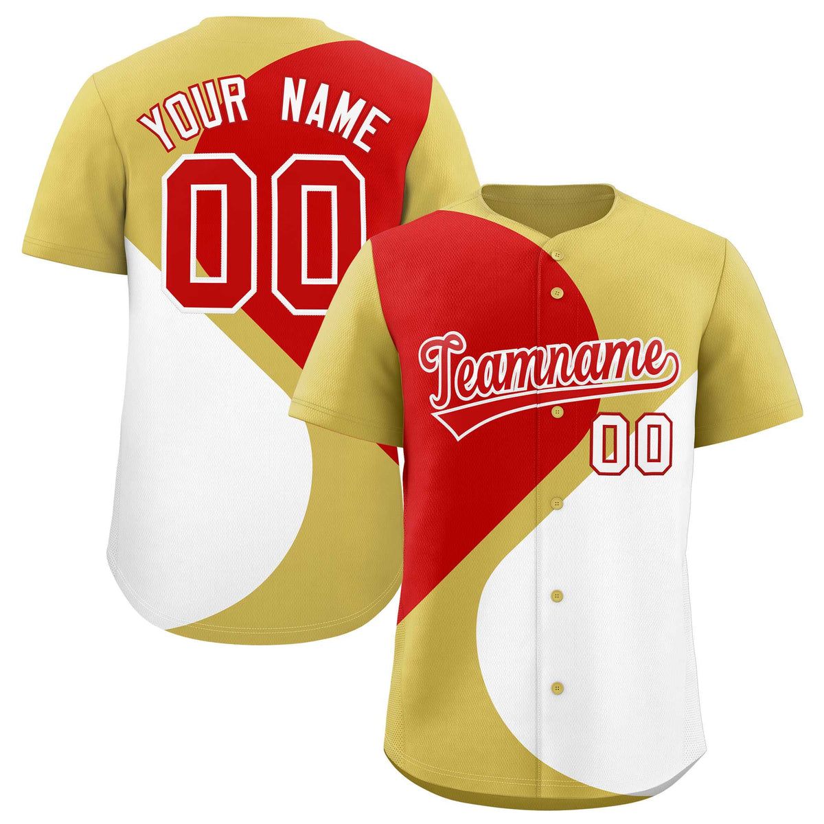 Custom Old Gold Red-White Color Block Personalized Half Heart Pattern Authentic Baseball Jersey