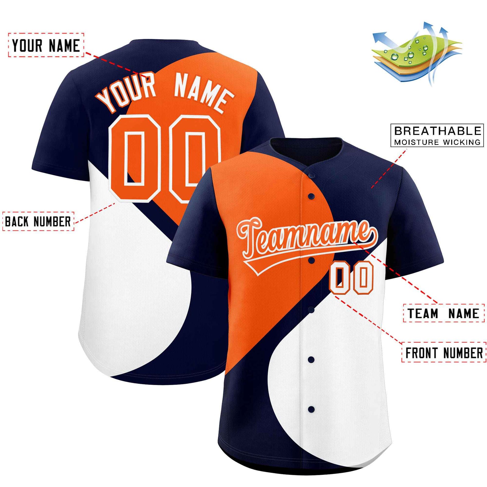 Custom Navy Orange-White Color Block Personalized Half Heart Pattern Authentic Baseball Jersey