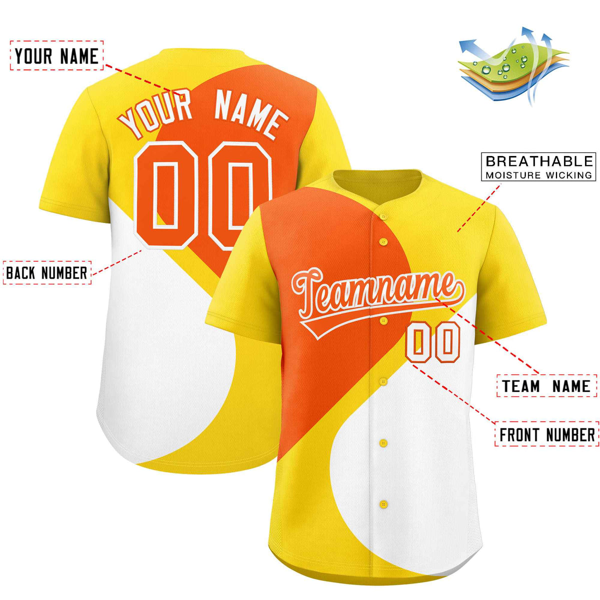 Custom Gold Orange-White Color Block Personalized Half Heart Pattern Authentic Baseball Jersey