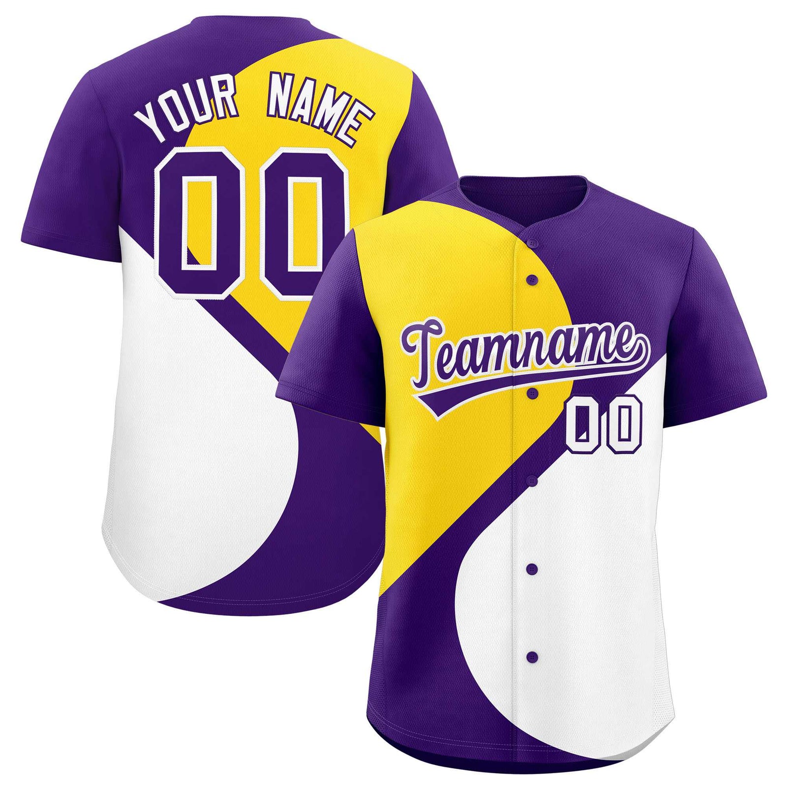 Custom Purple Gold-White Color Block Personalized Half Heart Pattern Authentic Baseball Jersey