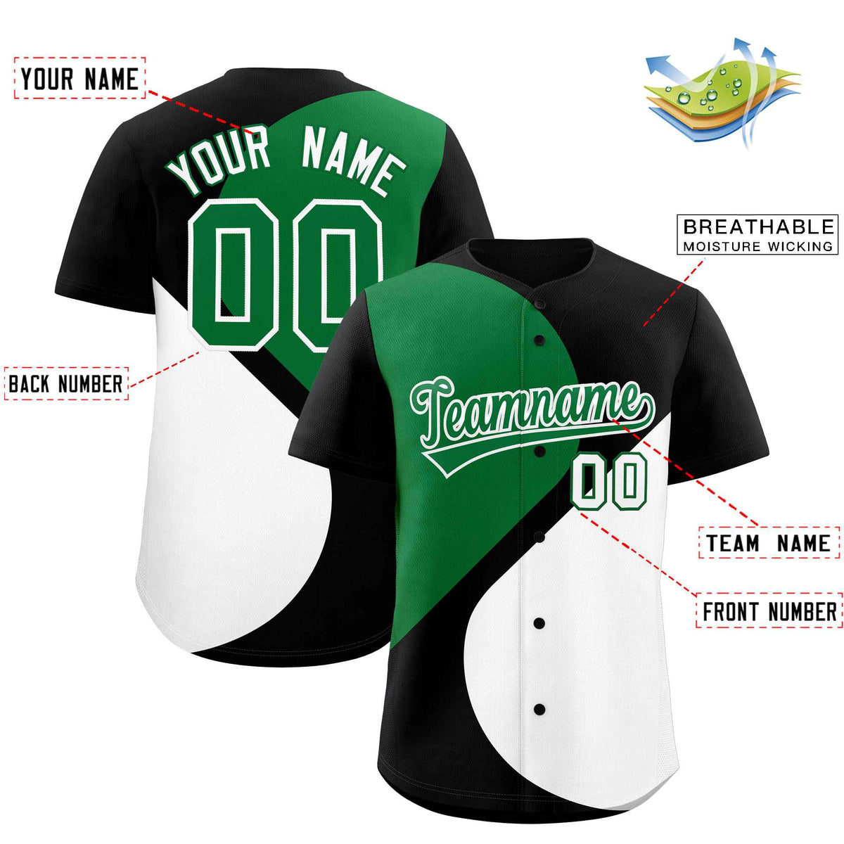 Custom Black Kelly Green-White Color Block Personalized Half Heart Pattern Authentic Baseball Jersey