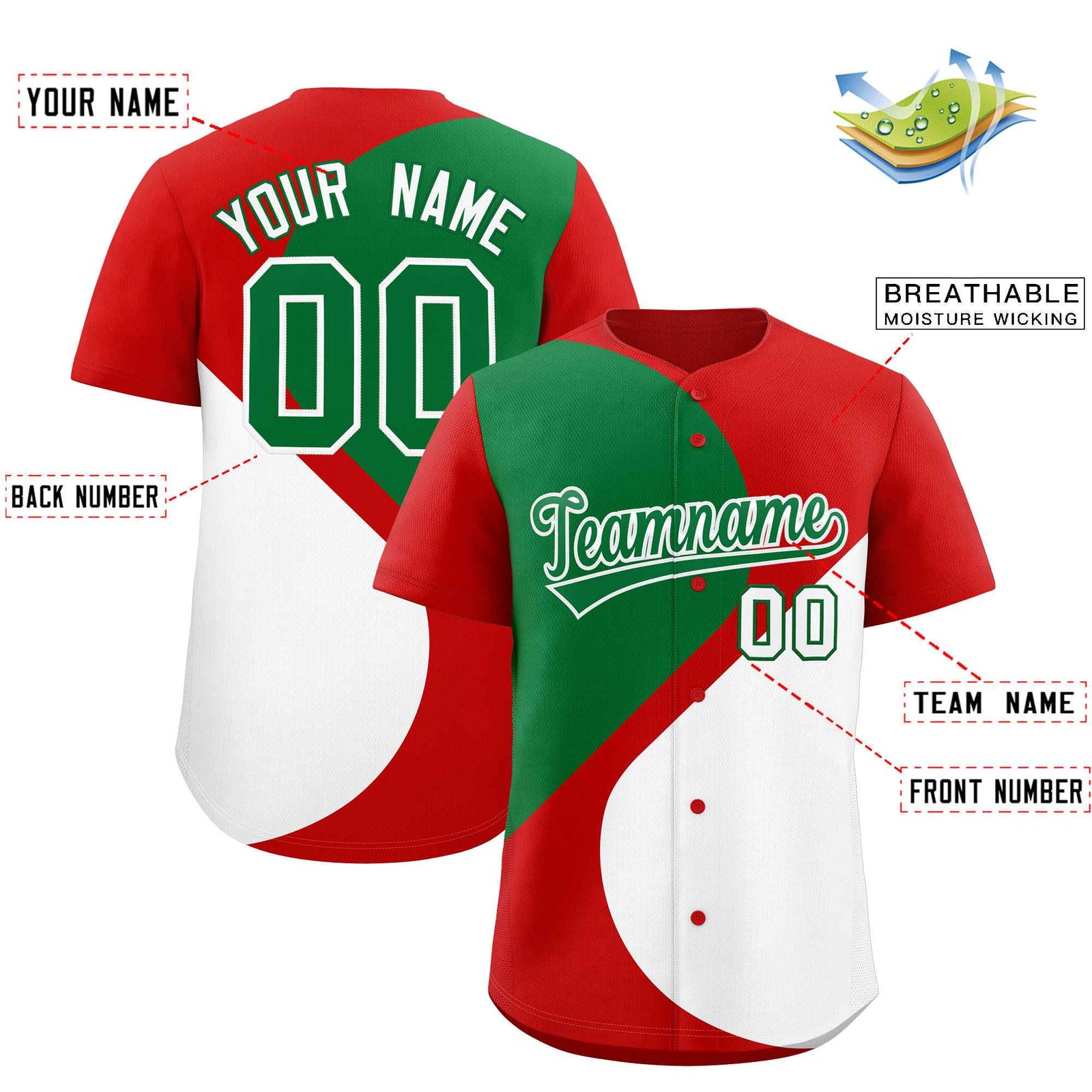 Custom Red Kelly Green-White Color Block Personalized Half Heart Pattern Authentic Baseball Jersey