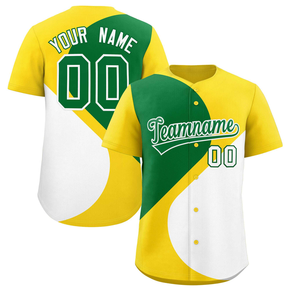 Custom Gold Kelly Green-White Color Block Personalized Half Heart Pattern Authentic Baseball Jersey