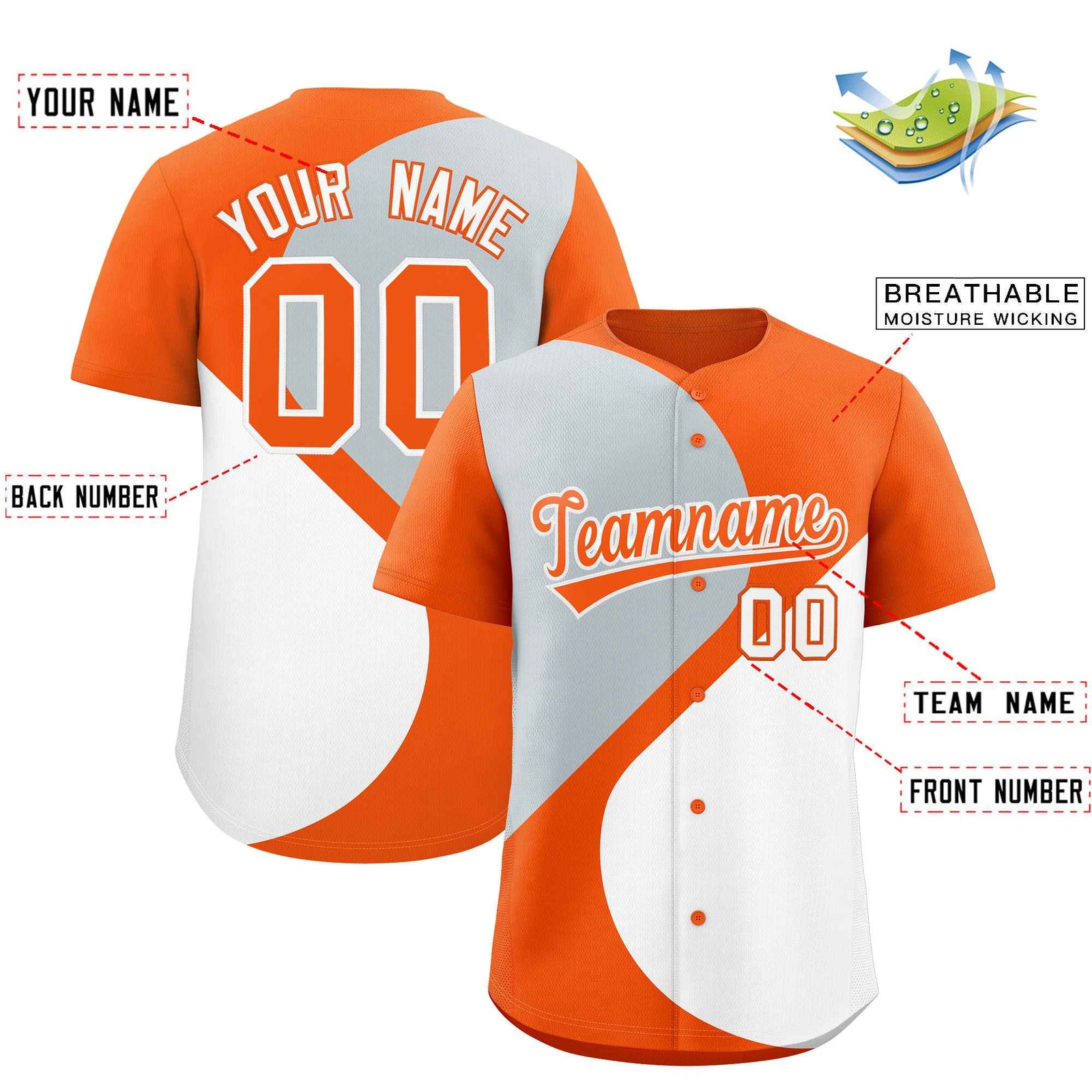 Custom Orange Silver-White Color Block Personalized Half Heart Pattern Authentic Baseball Jersey