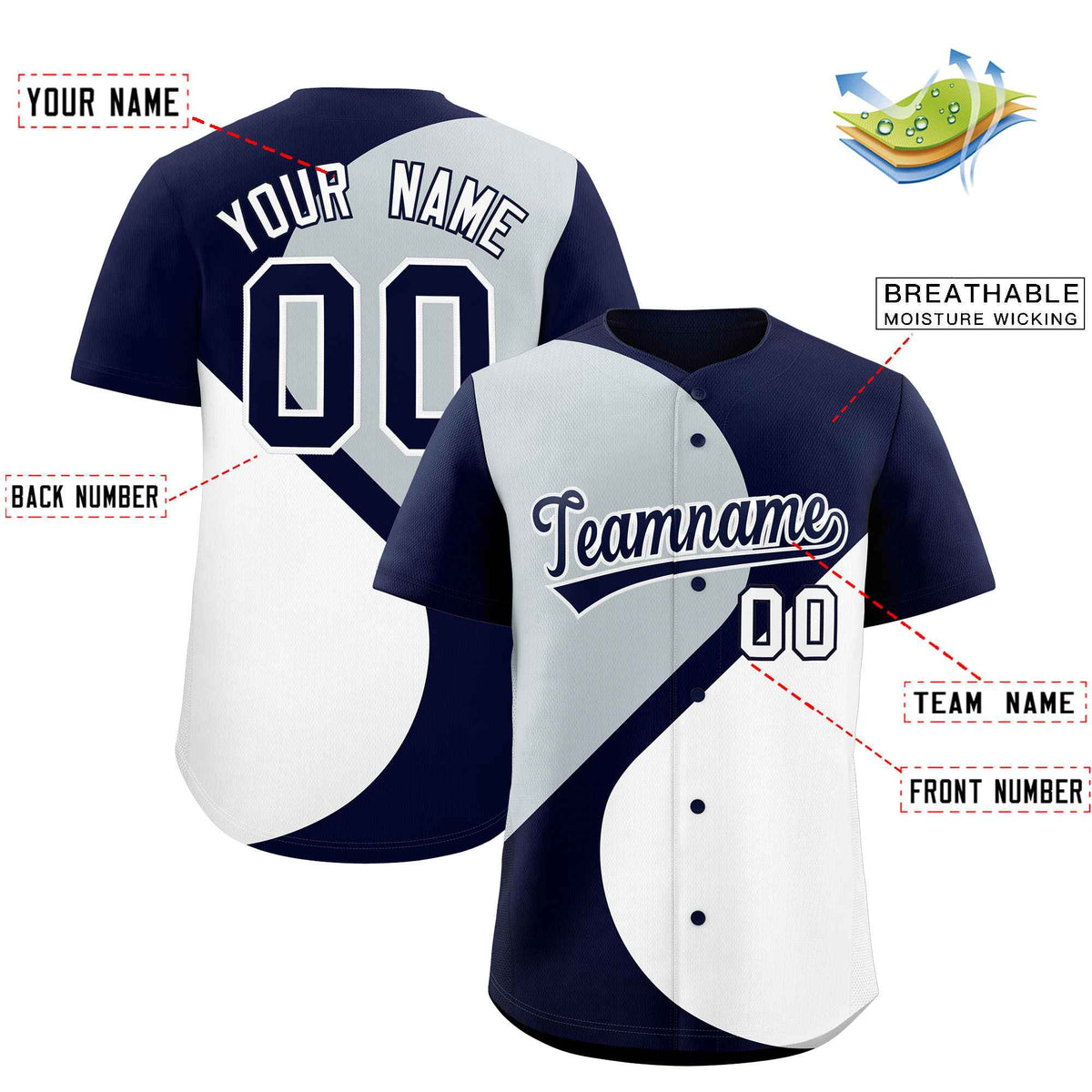 Custom Navy Silver-White Color Block Personalized Half Heart Pattern Authentic Baseball Jersey
