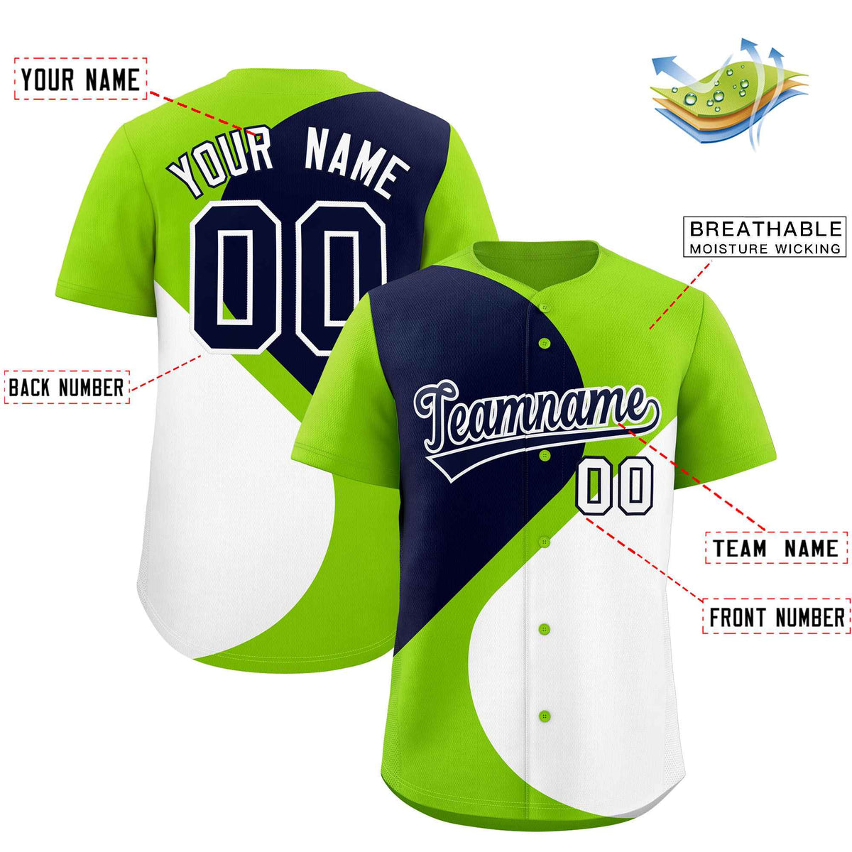 Custom Neon Green Navy-White Color Block Personalized Half Heart Pattern Authentic Baseball Jersey