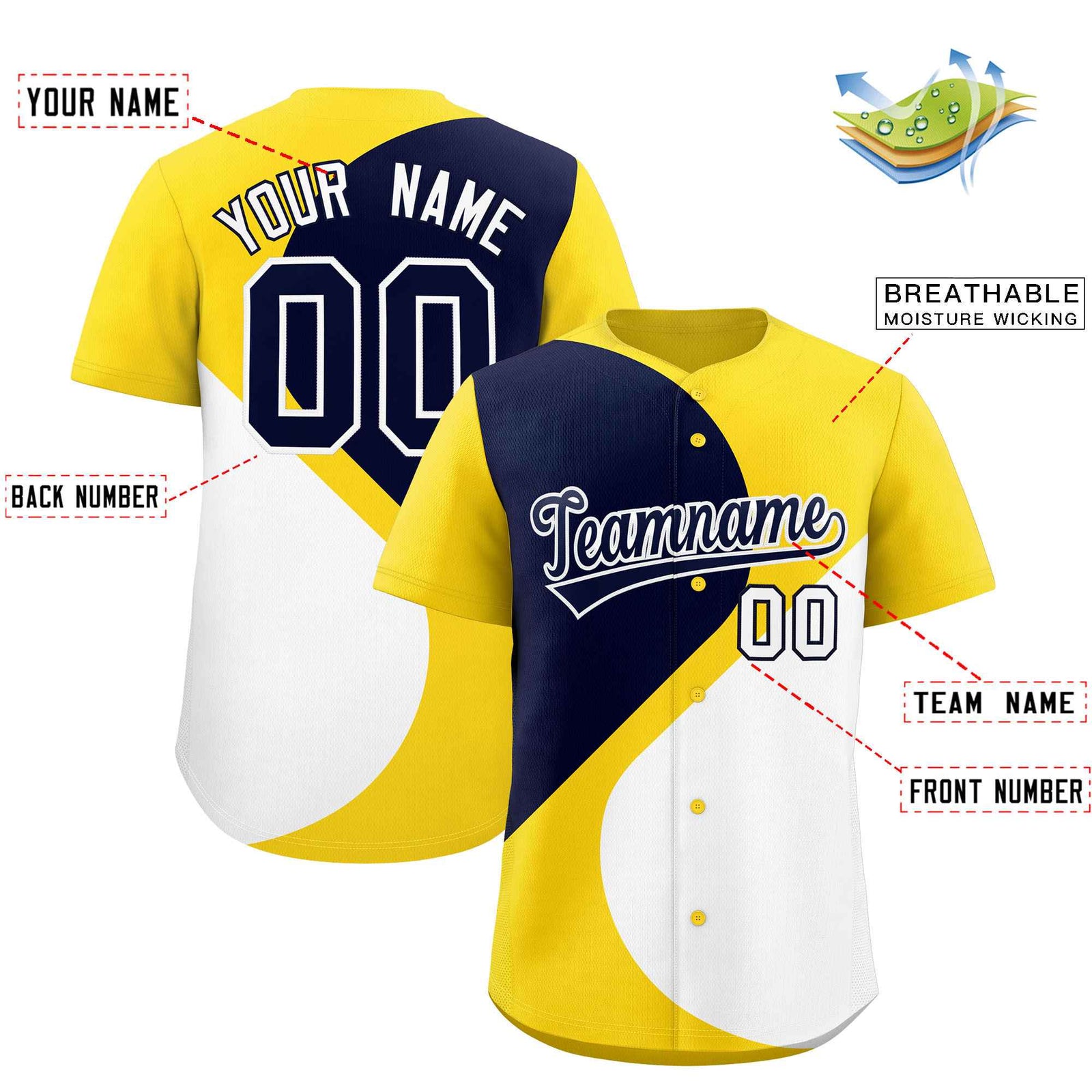 Custom Gold Navy-White Color Block Personalized Half Heart Pattern Authentic Baseball Jersey