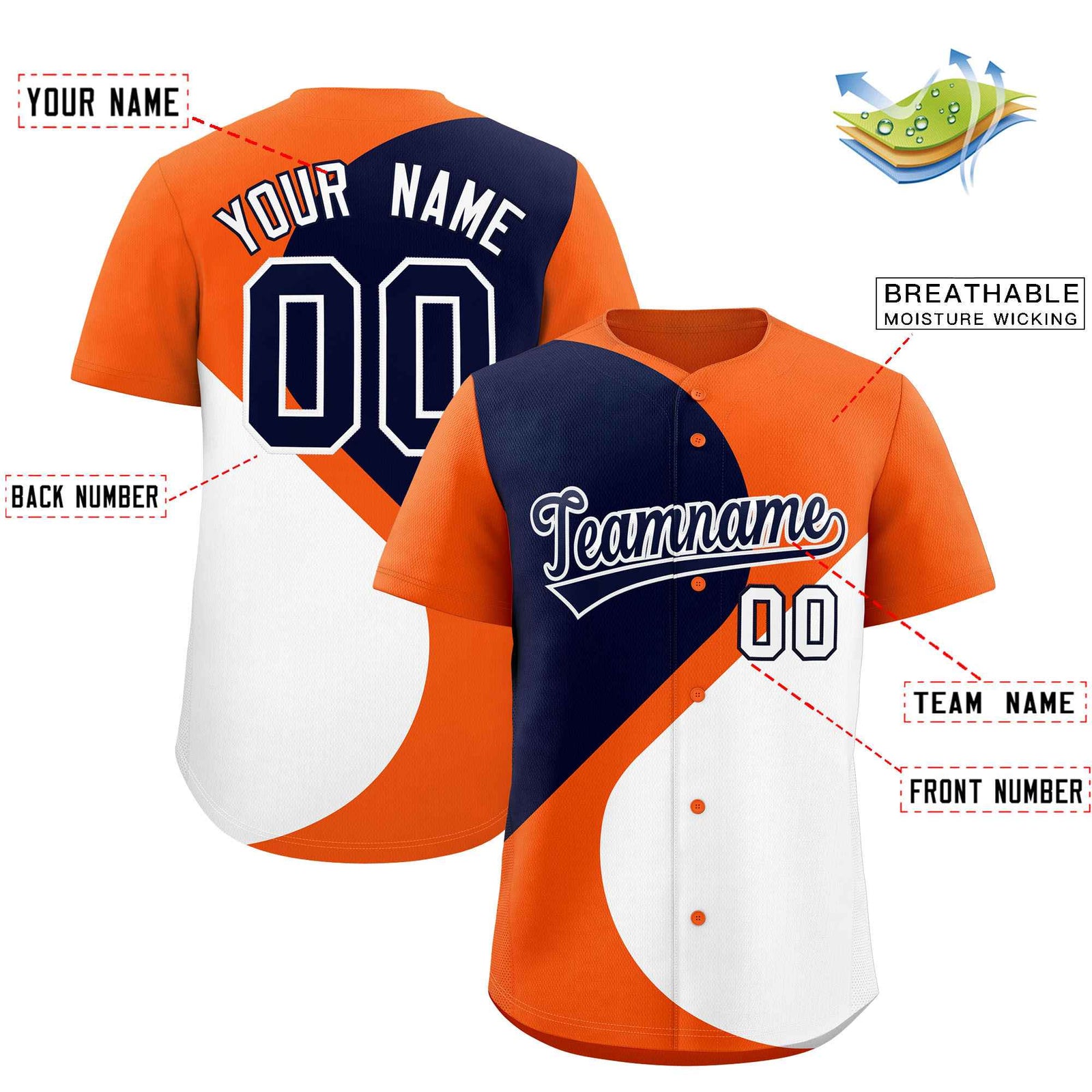 Custom Orange Navy-White Color Block Personalized Half Heart Pattern Authentic Baseball Jersey