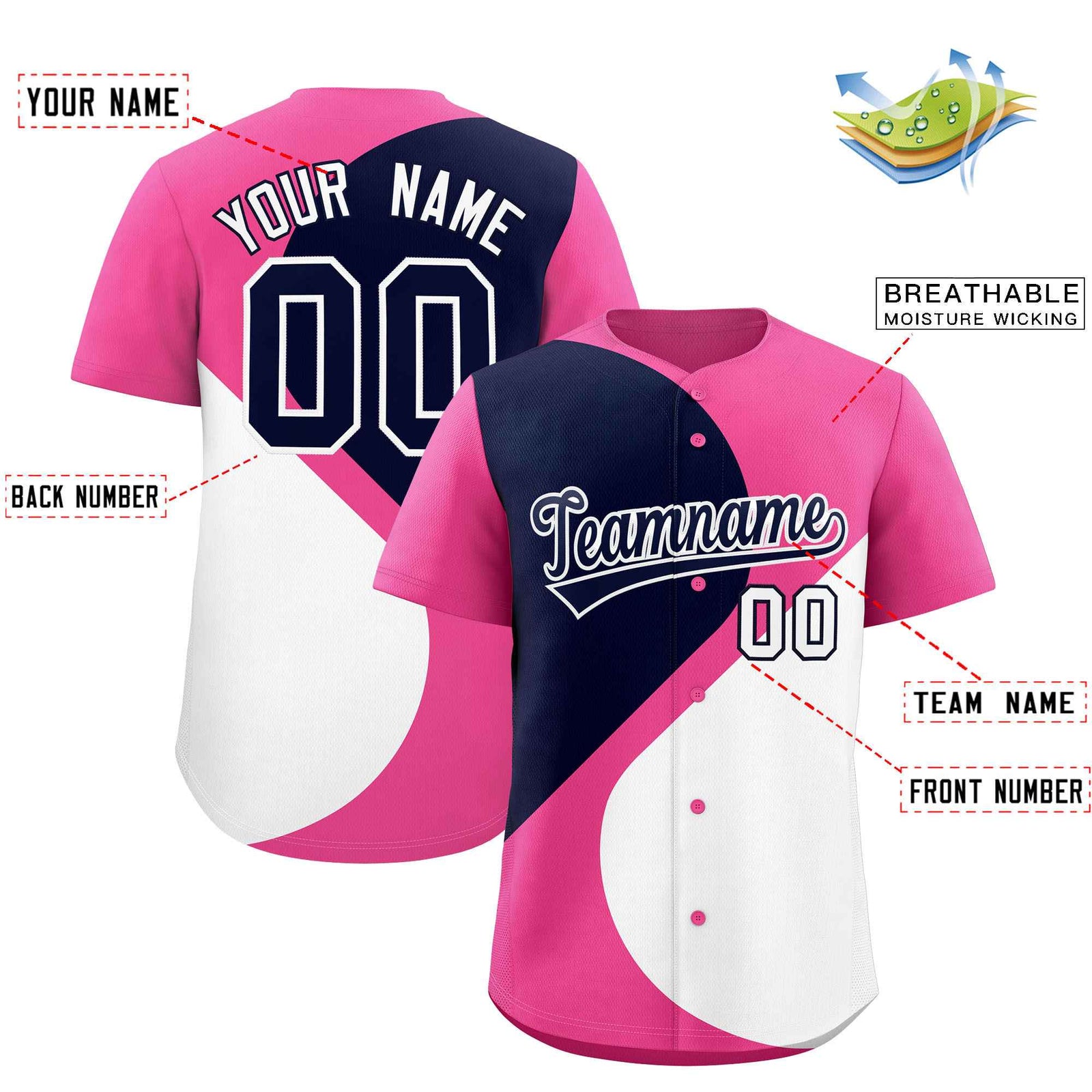 Custom Pink Navy-White Color Block Personalized Half Heart Pattern Authentic Baseball Jersey