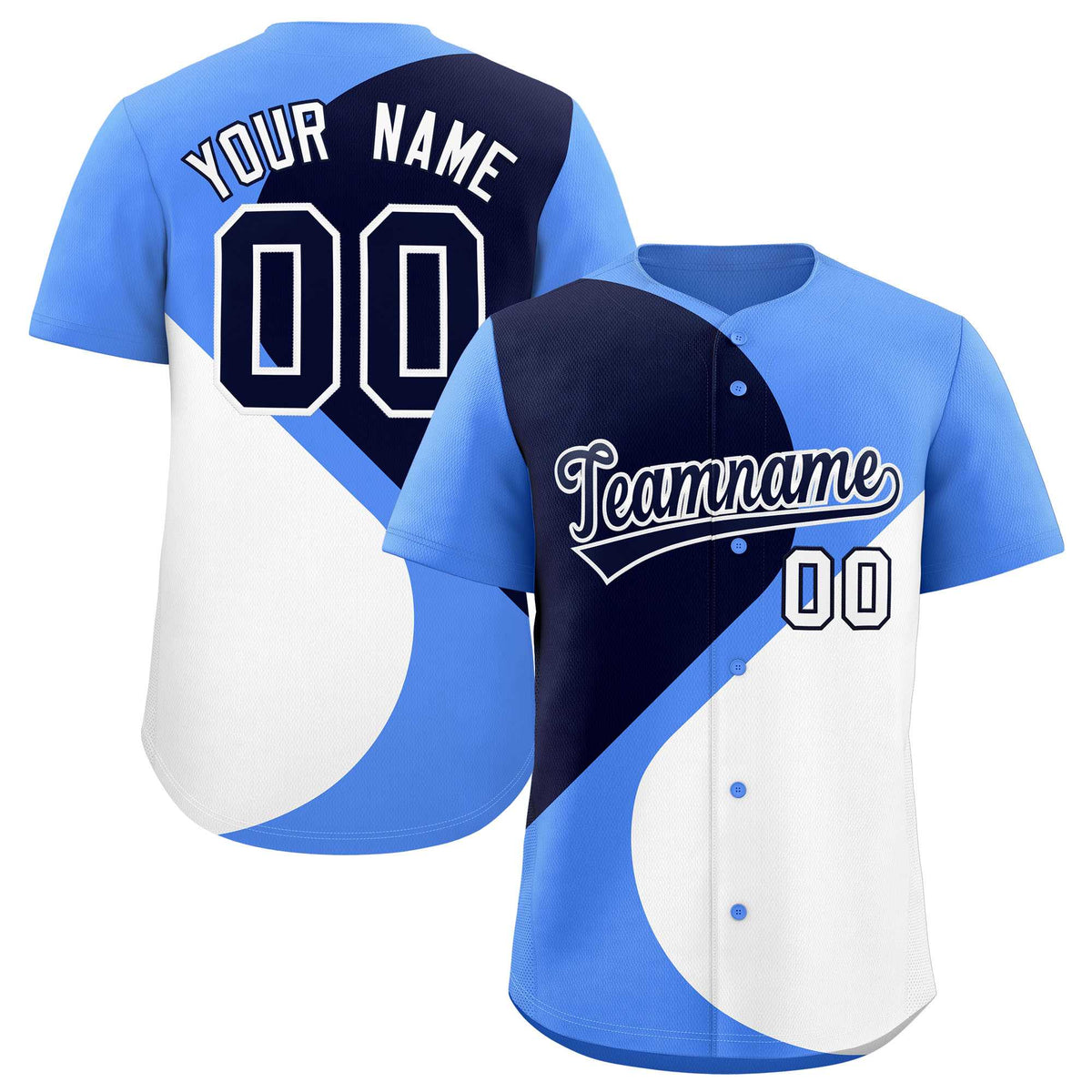Custom Powder Blue Navy-White Color Block Personalized Half Heart Pattern Authentic Baseball Jersey