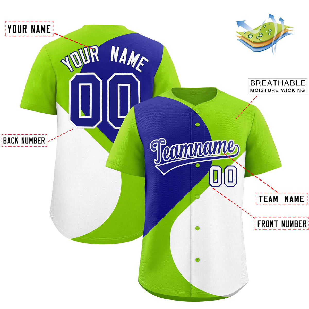 Custom Neon Green Royal-White Color Block Personalized Half Heart Pattern Authentic Baseball Jersey