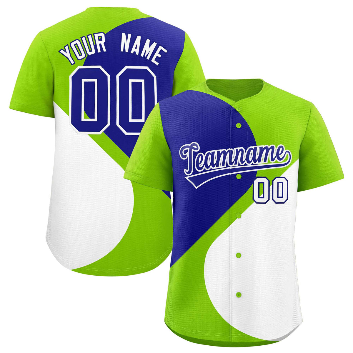 Custom Neon Green Royal-White Color Block Personalized Half Heart Pattern Authentic Baseball Jersey