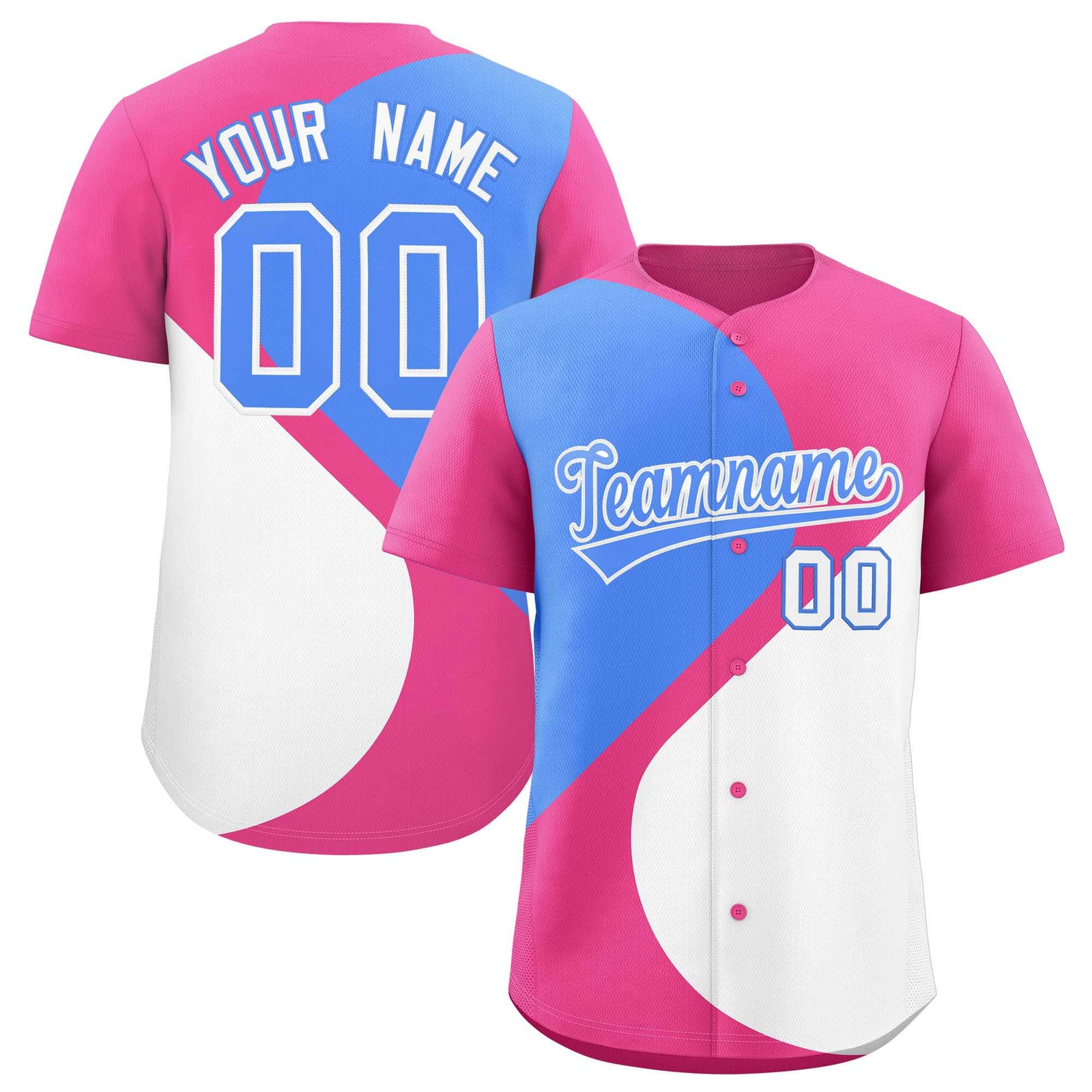 Custom Pink Powder Blue-White Color Block Personalized Half Heart Pattern Authentic Baseball Jersey
