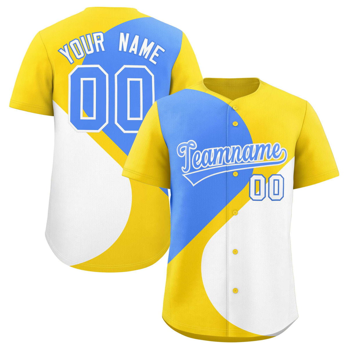 Custom Gold Powder Blue-White Color Block Personalized Half Heart Pattern Authentic Baseball Jersey