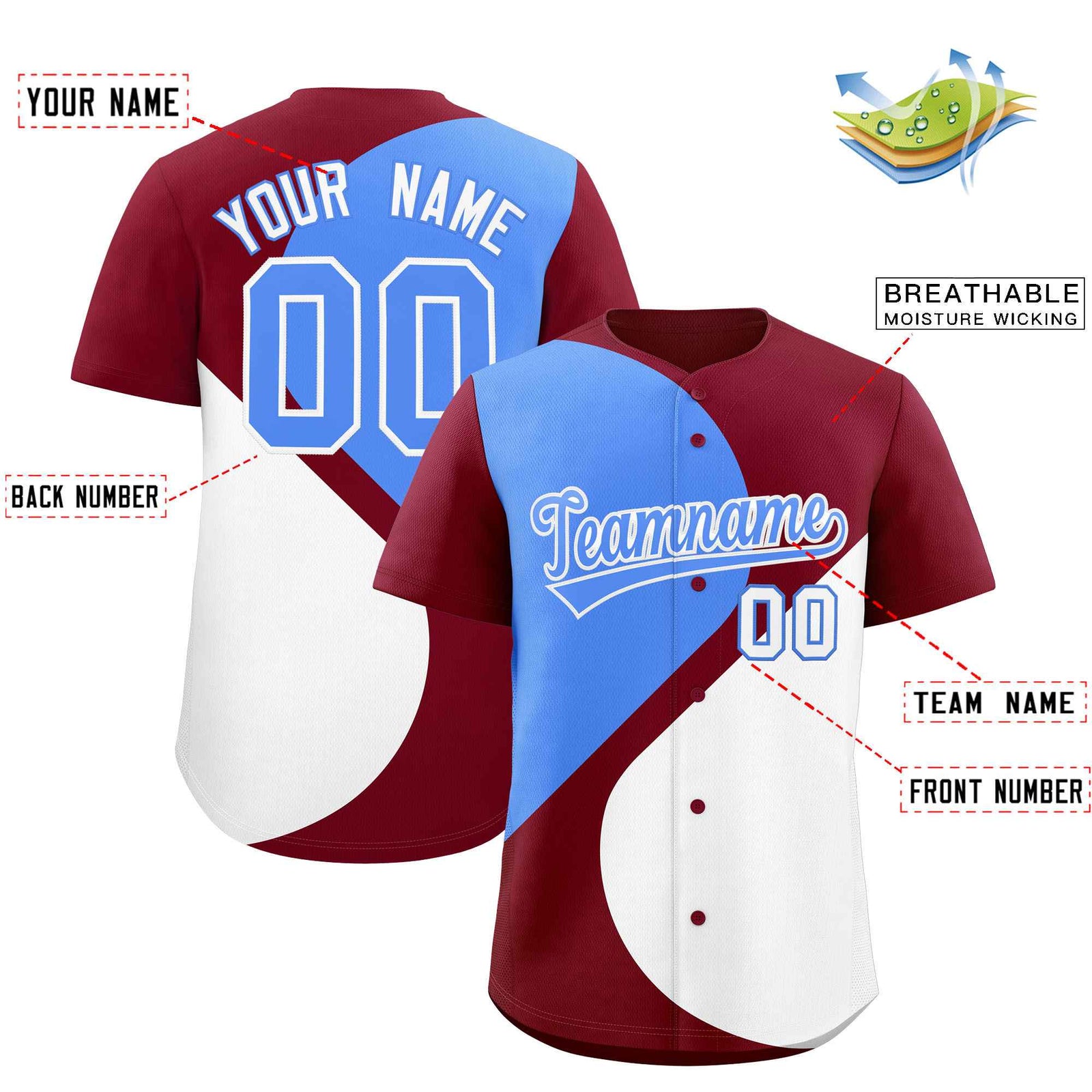 Custom Crimson Powder Blue-White Color Block Personalized Half Heart Pattern Authentic Baseball Jersey